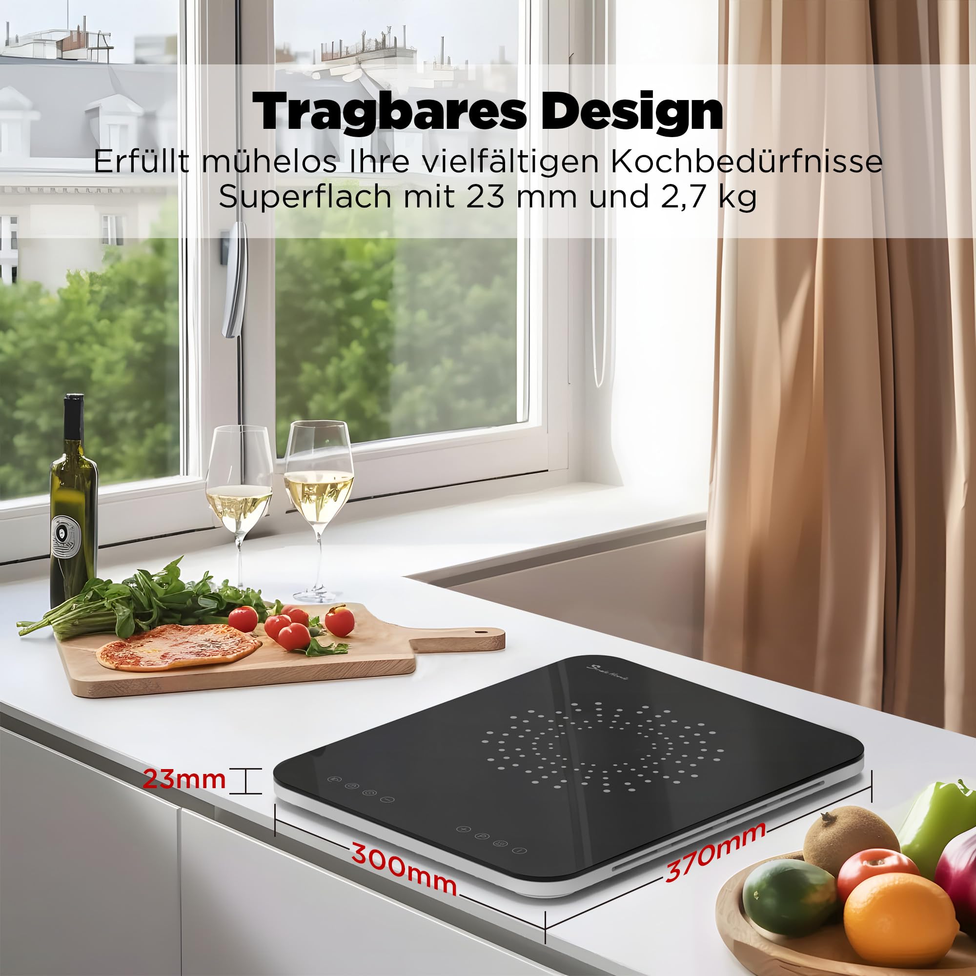 Induktionskochplatte, Induktionskochfeld 1 Platte, 23 mm Ultradünn, Zwei Lüfter, 2100W Induktionsplatte mit Multi-Sicherheitsschutz, 10 Heizstufen, Timer-Funktion, Kindersicherung