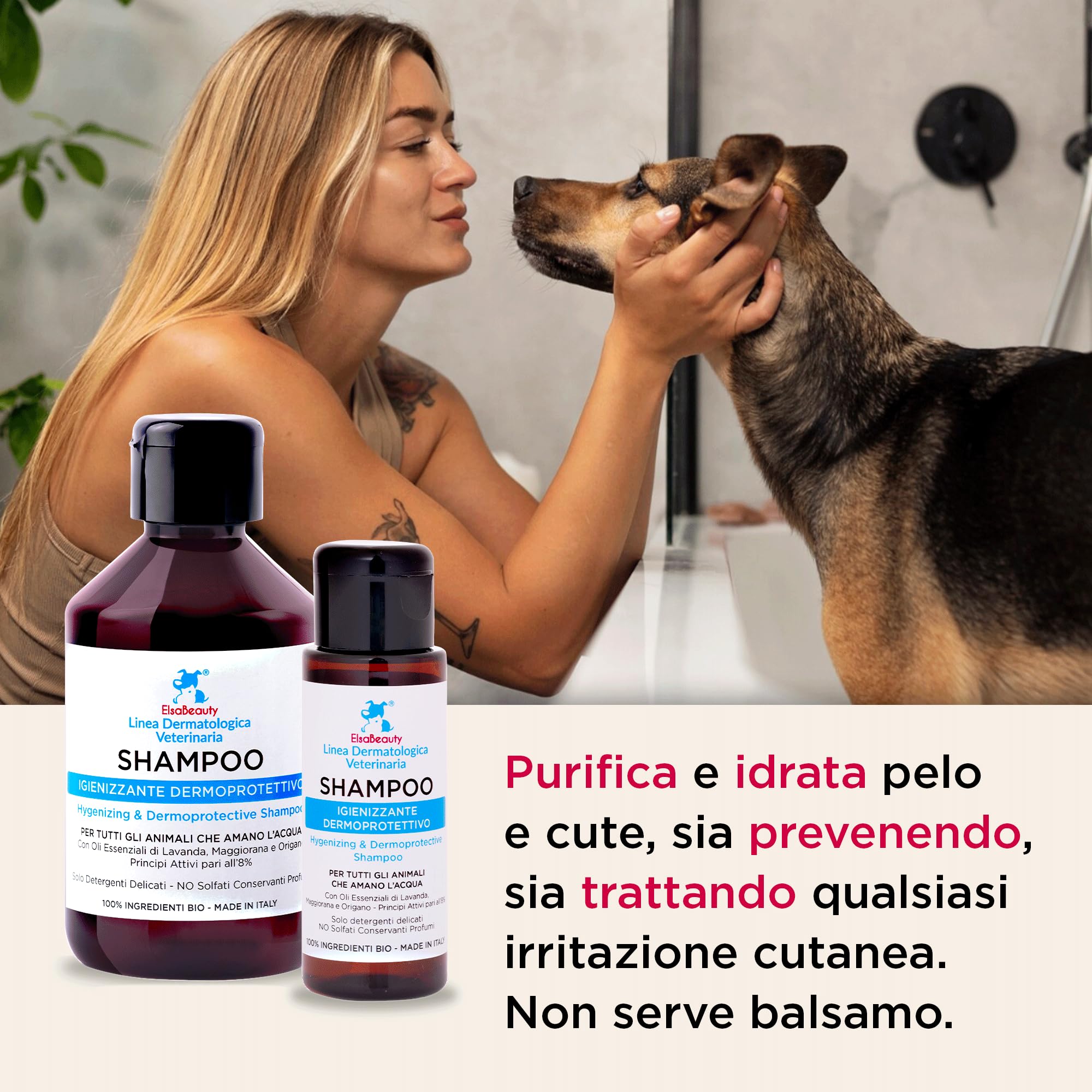 Shampoo Igienizzante Dermoprotettivo per Cani e Gatti, Cute Sensibile e Dermatite, 100% Attivi Naturali,