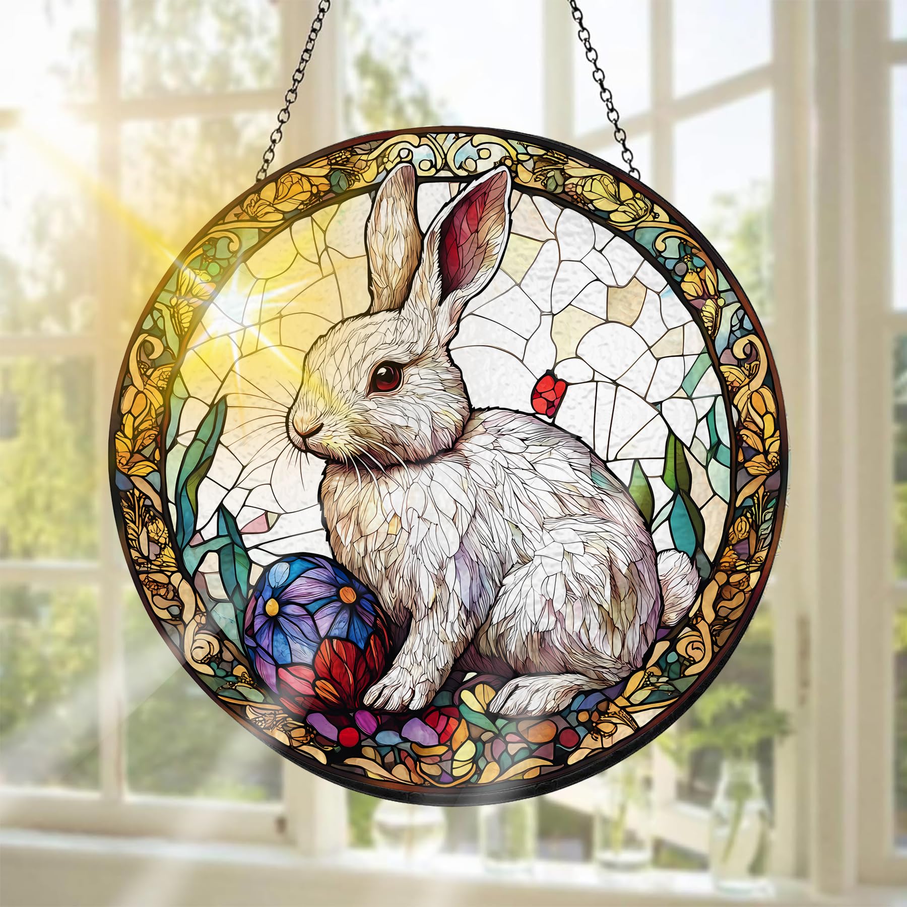 Pavemlo Rabbit Suncatcher Indoor Stained Glass Window Hanging - Outdoor Window Hanging Decoration - Sun Catcher Home Decor Mother's Day Birthday Gifts for Women, Men Mom 20x20 cm