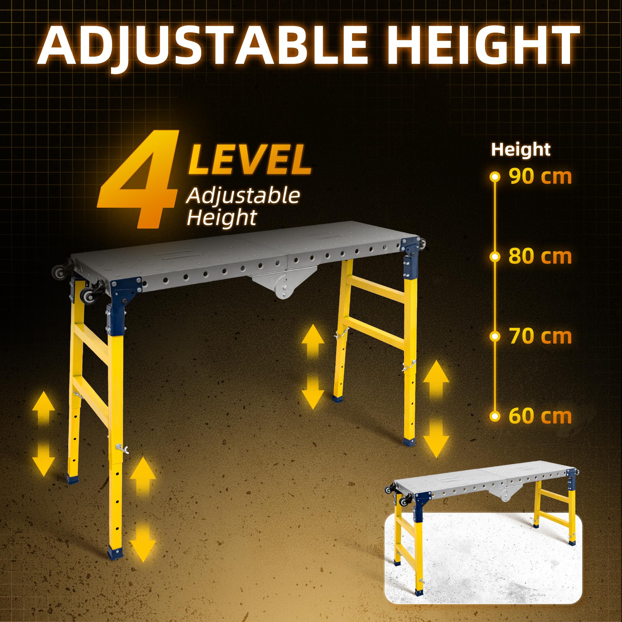 Plataforma de Trabajo de Chapa Galvanizada Andamio Portátil Mesa de Soldadura Ajustable Escalera Andamio Plegable, Capacidad de Carga de 500KG Altura Ajustable de 4 Velocidades 120 × 36 × 90 CM