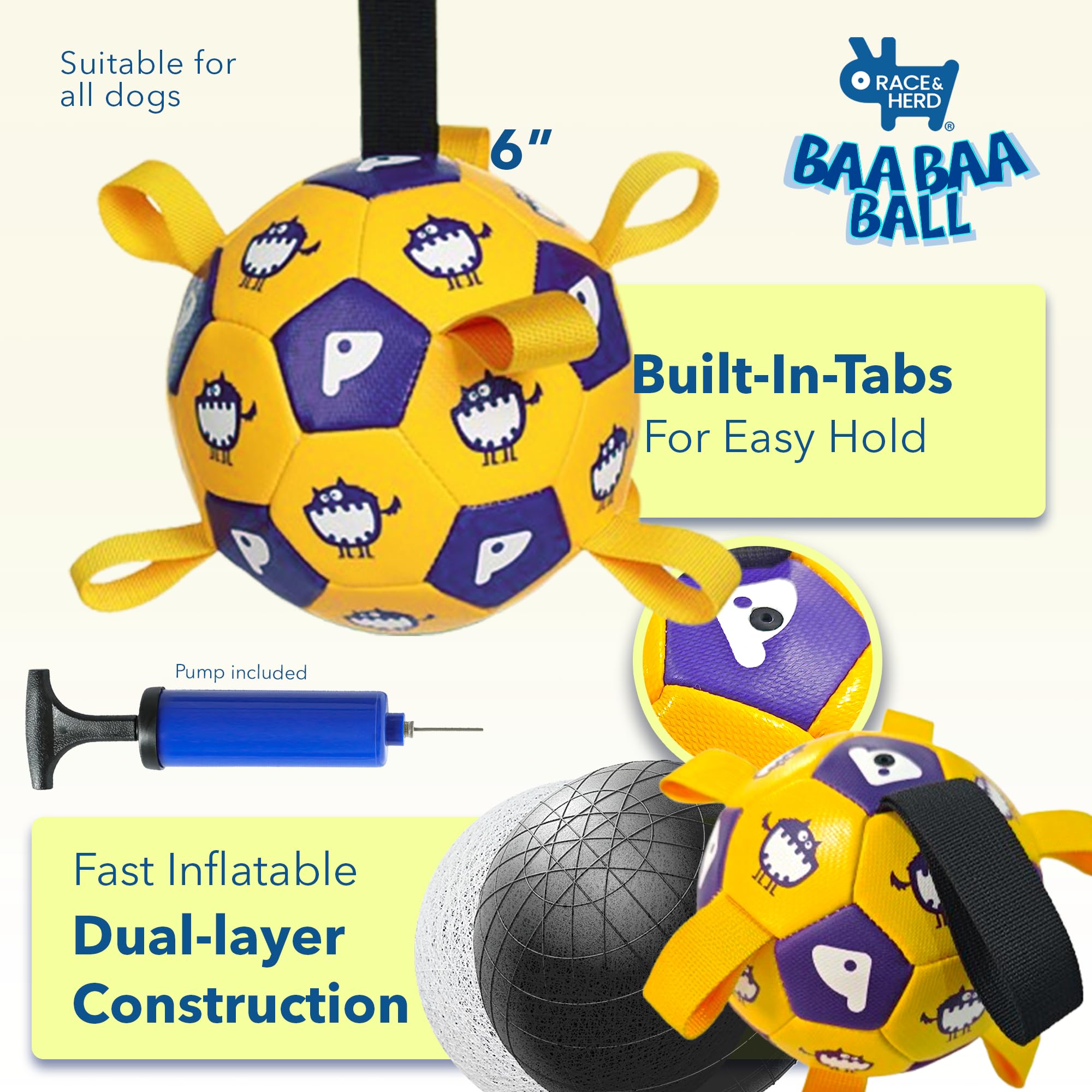 Race&Herd Dog Soccer Ball with Straps, Outdoor Toy for Dogs for Training & Play, Durable Soccer Ball for Dogs, Toy for Active Pets