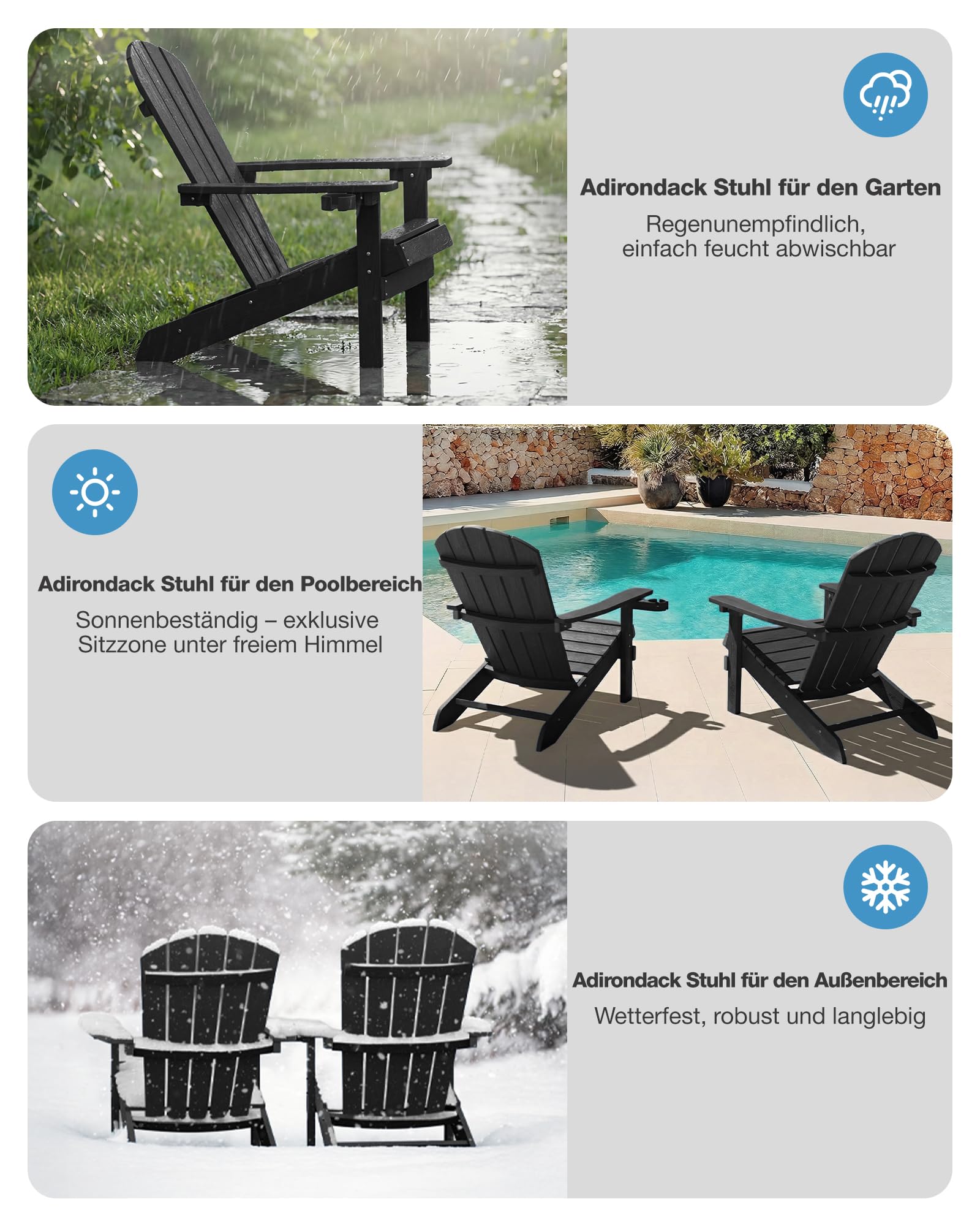 Adirondack Stuhl mit Getränkehalter für Outdoor Garten: Adirondack Chair Kunststoff HIPS Allwetter für Outdoor Stuhl - Adirondack Gartensessel Wetterfest für Balkon/Feuerstelle/Terrasse/Beach(Schwarz)