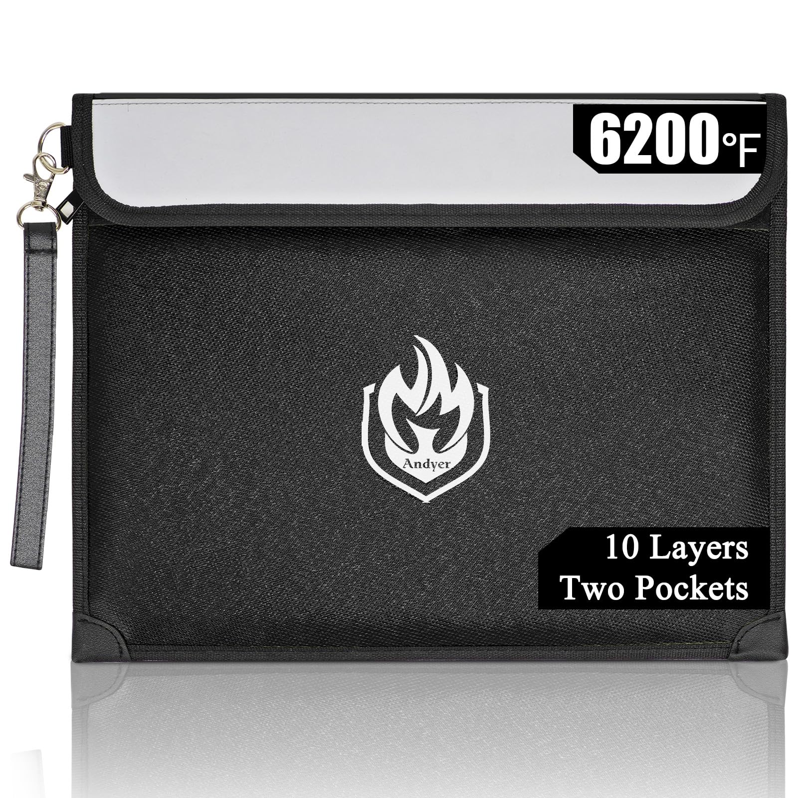 Photo 1 of 2 Pockets Fireproof Document Bag 6200°F, 10 Layers Waterproof Fireproof Money Bag for Cash with Reflective Strip, Heat Insulated Waterproof Document Holder Pouch, Fire Safe Storage (Black)