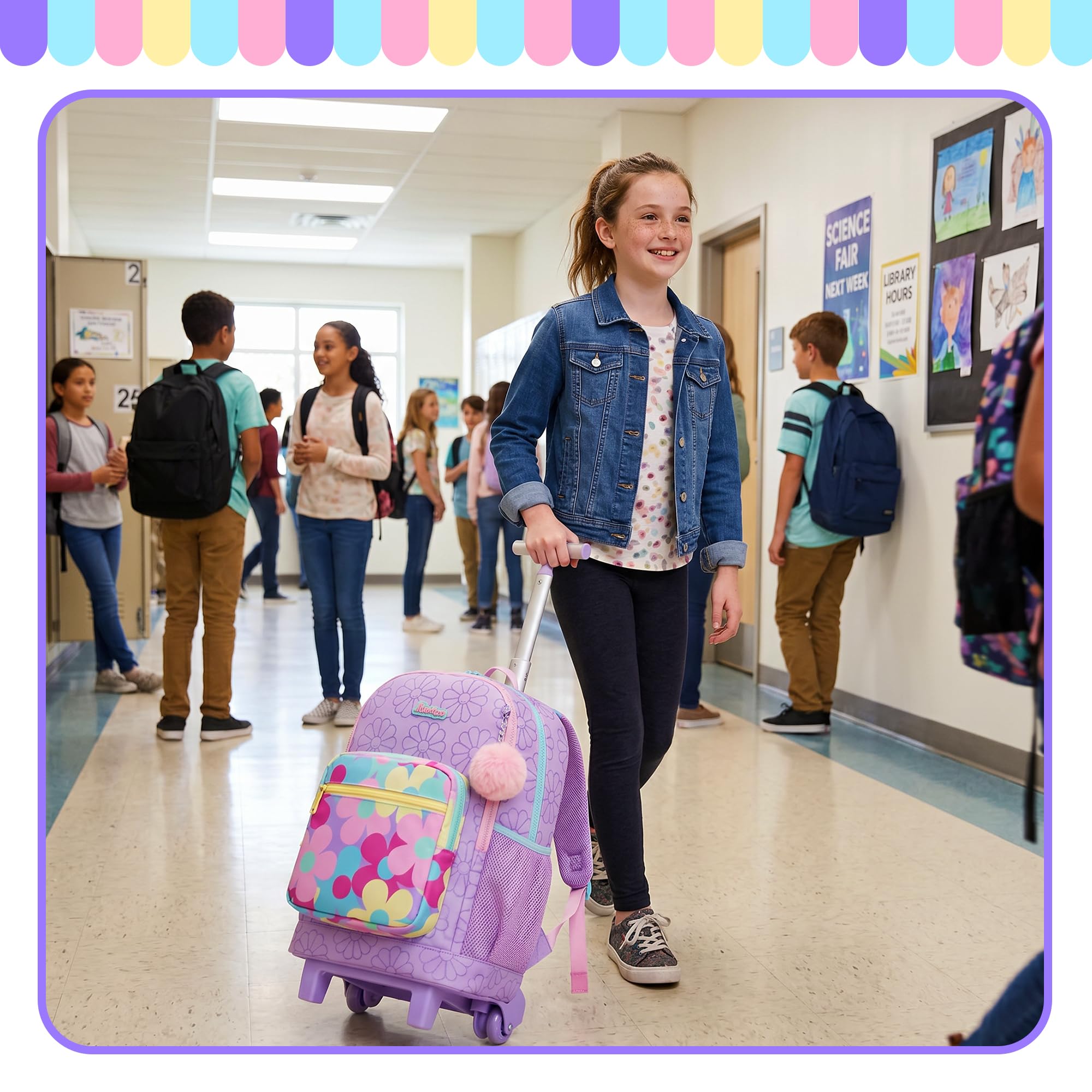 HTgroce Schulrucksack Trolley Mädchen Blumen Motiv – Ergonomischer Schulranzen mit Rollen für Grundschule 2. Klasse