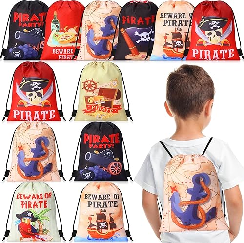 Paterr 12 bolsas de recuerdos de fiesta pirata a granel, bolsa temática pirata con cordón, mochila con cordón, bolsa de regalo para Halloween,