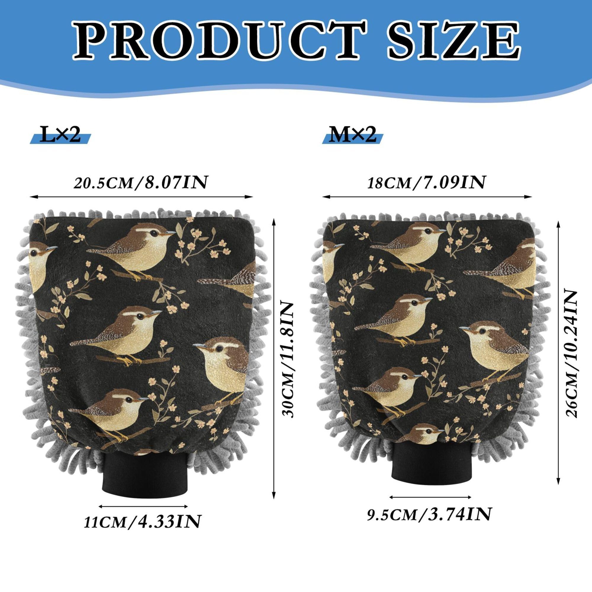 Cartoon Carolina Wren Birds Black Microfiber Wash Mitt 2 Pack Car Washing Glove Scratch Free Detailing Gloves for Cleaning Wash