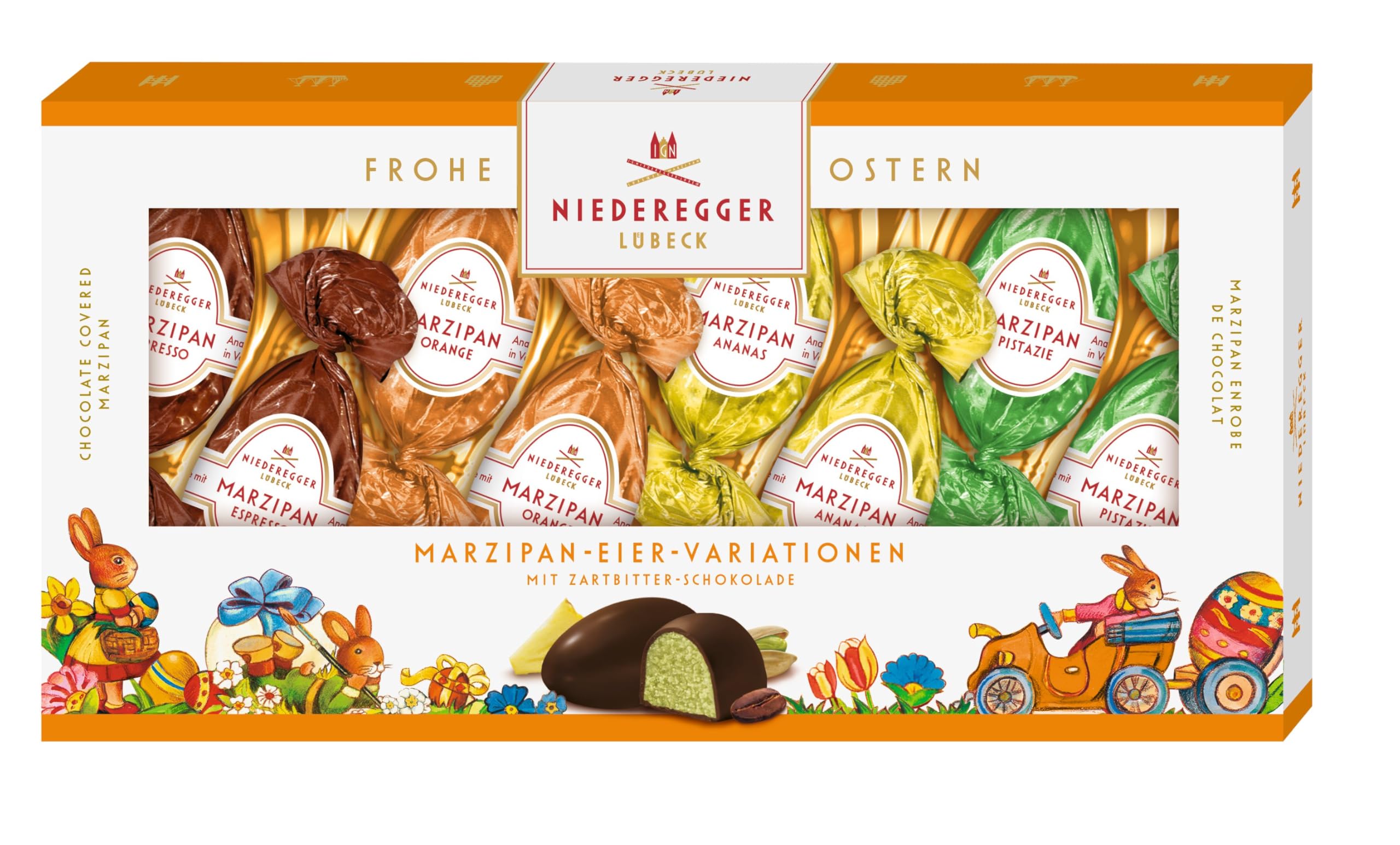 Niederegger | Marzipan Eier | 1x 100g | Marzipan Eier in den Sorten Espresso, Pistazie, Orange & Ananas | Umhüllt von Zartbitter-Schokolade | Ostereier | Ostergeschenk