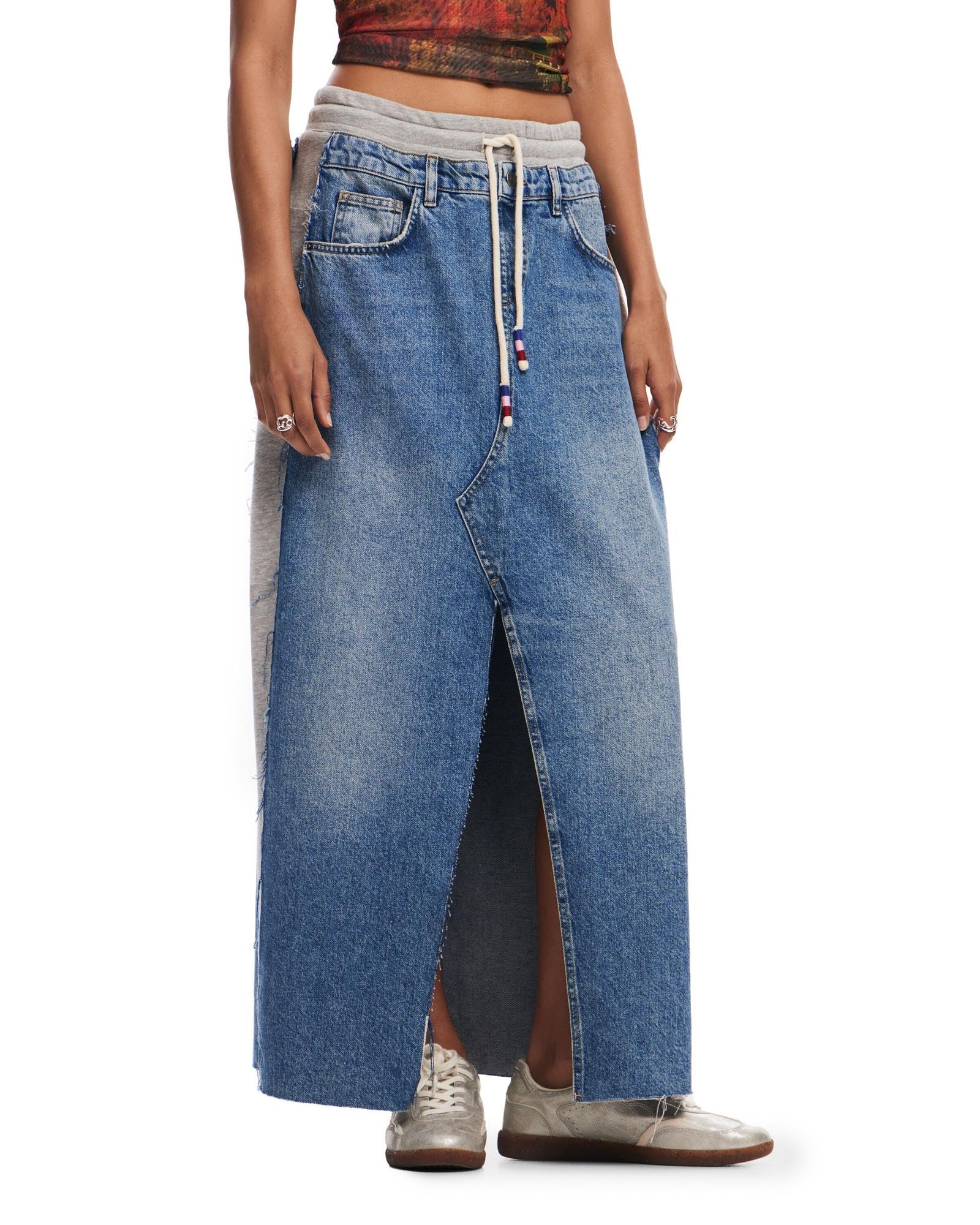 Desigual Damen Woman Denim Knee Skirt, Blau, XS EU