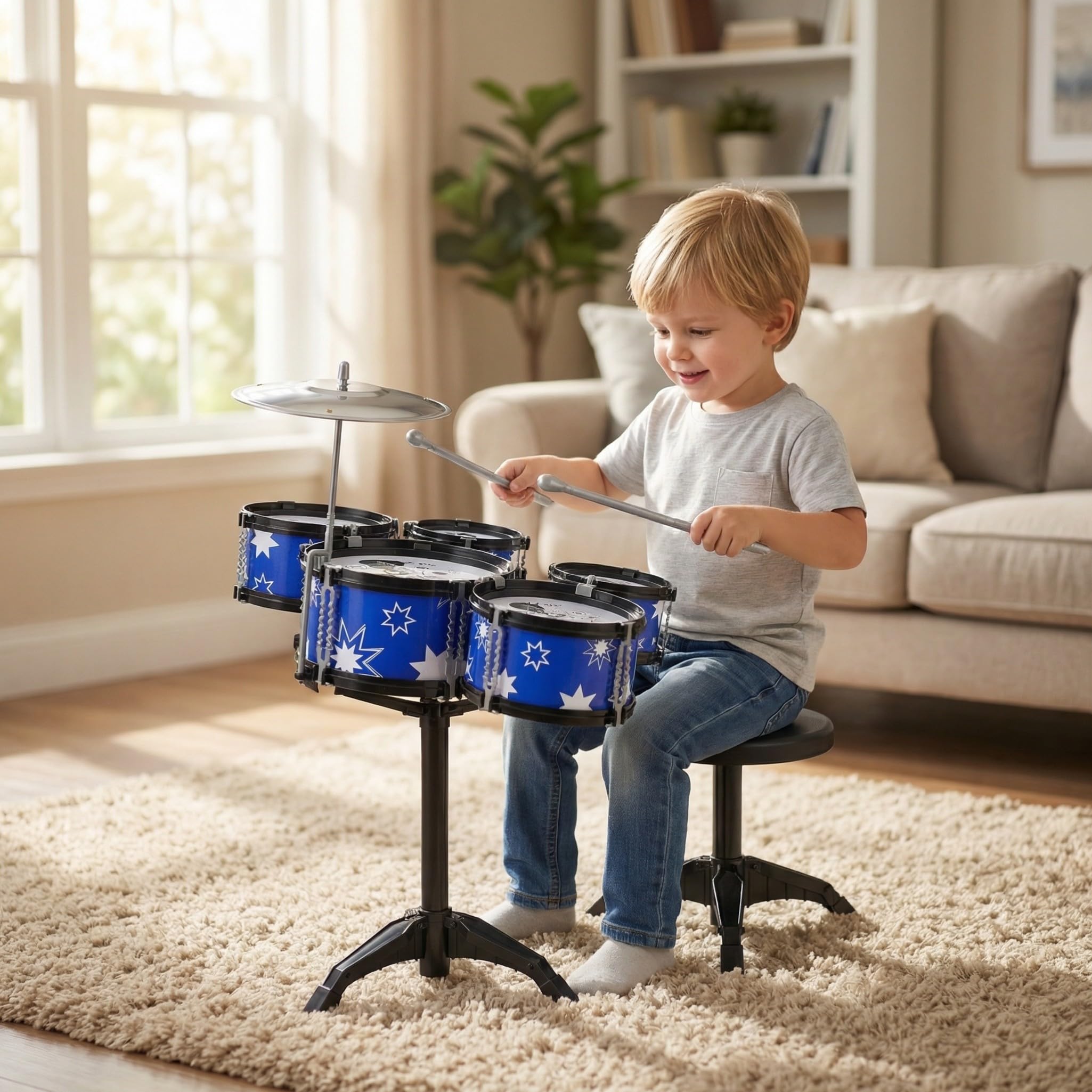 SUPVOX Set di Batteria 5 Tamburi in Plastica per Bambini 21 Pollici Strumenti Musicali Percussioni Sgabello e Bacchette , Gioco Educativo per Bambini Piccoli