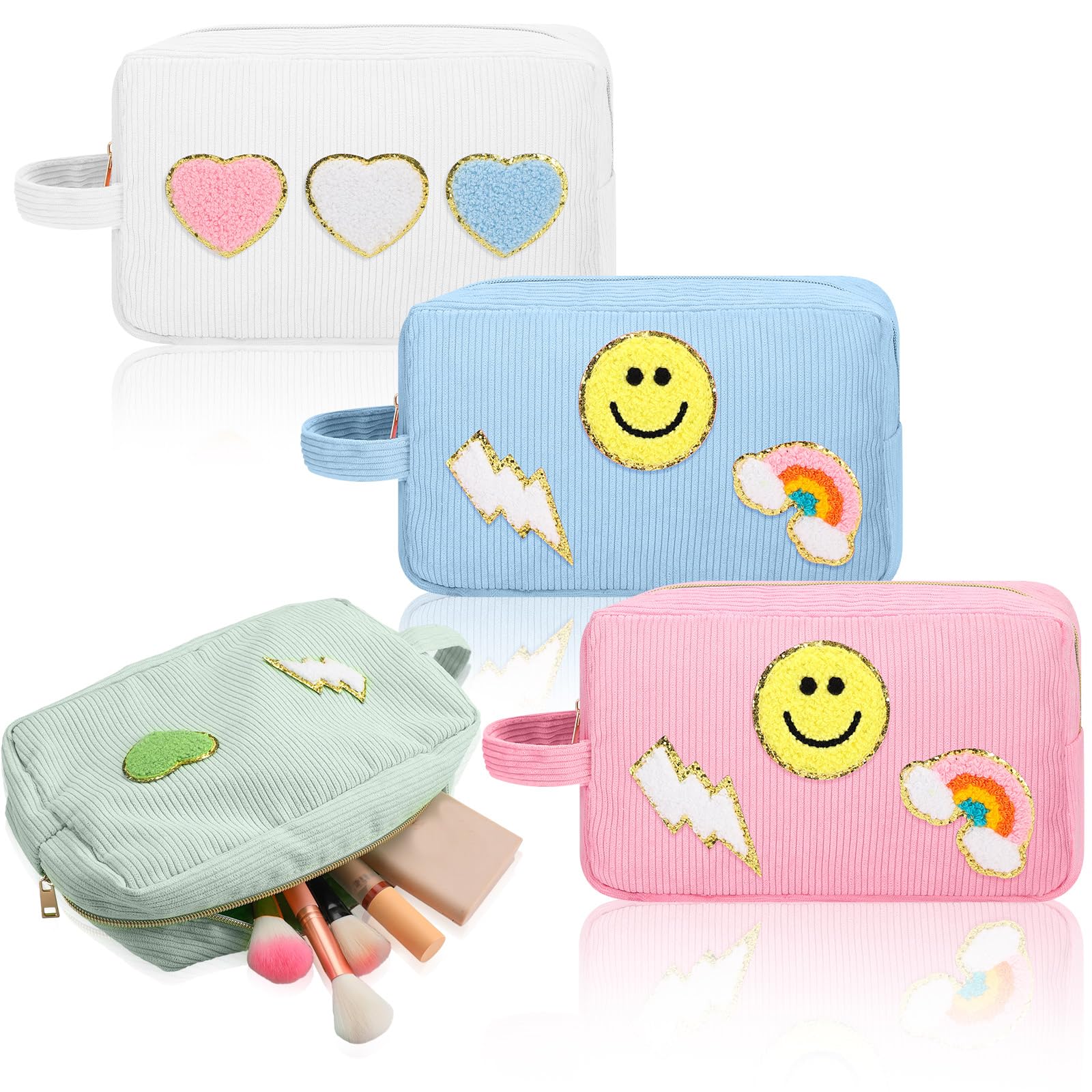 Pinkunn 4 Pcs Preppy Corduroy Makeup Bags Christmas Gift Chenille Patch Cosmetic Bag Mama Stuff Baby Pouch Portable Stuff Travel Zipper Pouch Small Organizer Makeup Bag Set for Women(Cute)