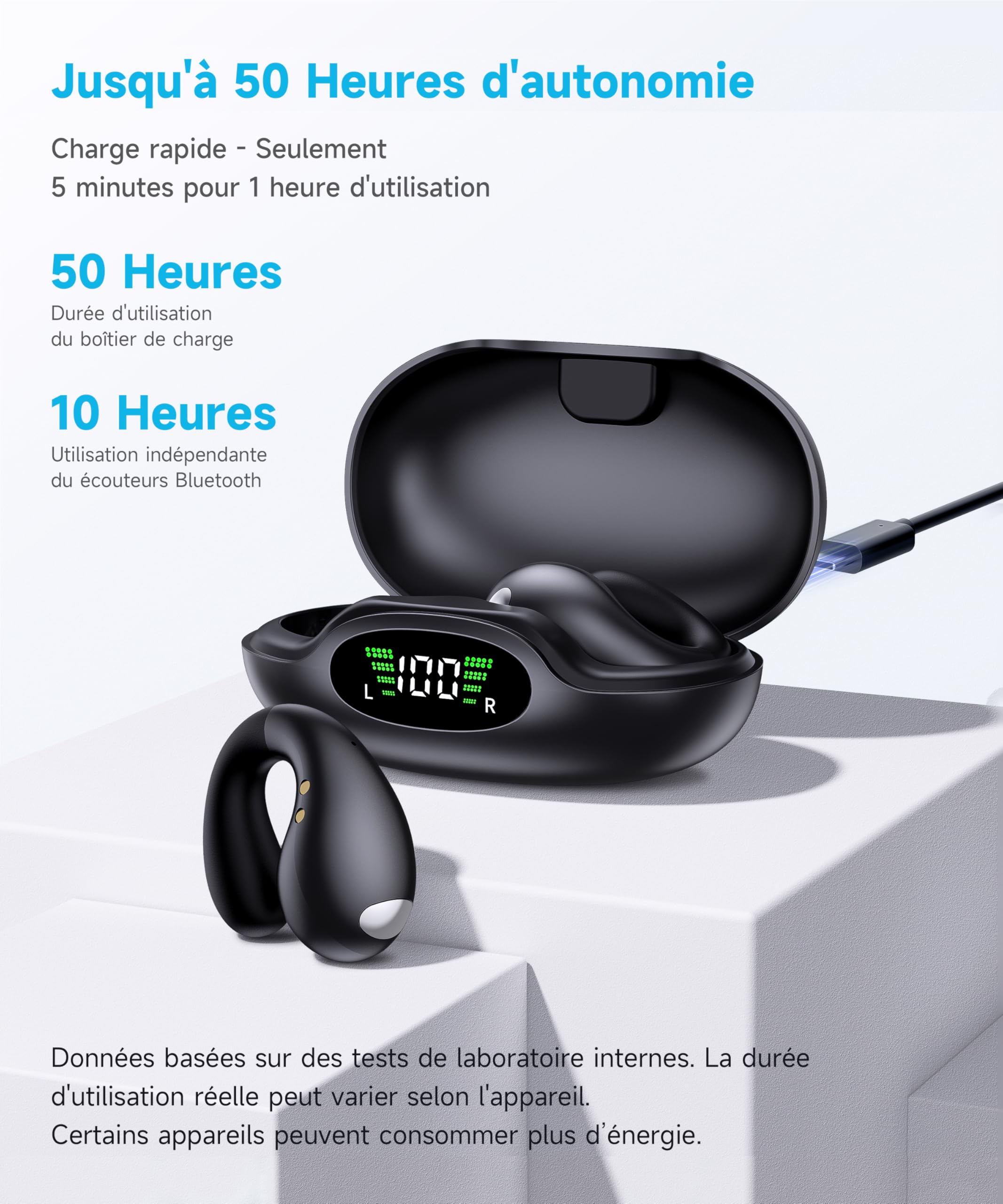 Écouteurs Bluetooth Sans Fil, Écouteurs Bluetooth 5.3 Ouverts, Casque Stéréo Sans Fil Avec Autonomie 50 Heures, Ecouteurs Ergonomiques à Clip Pour Le Sport, Étanchéité IPX7 Adaptée au Sport/Fitness