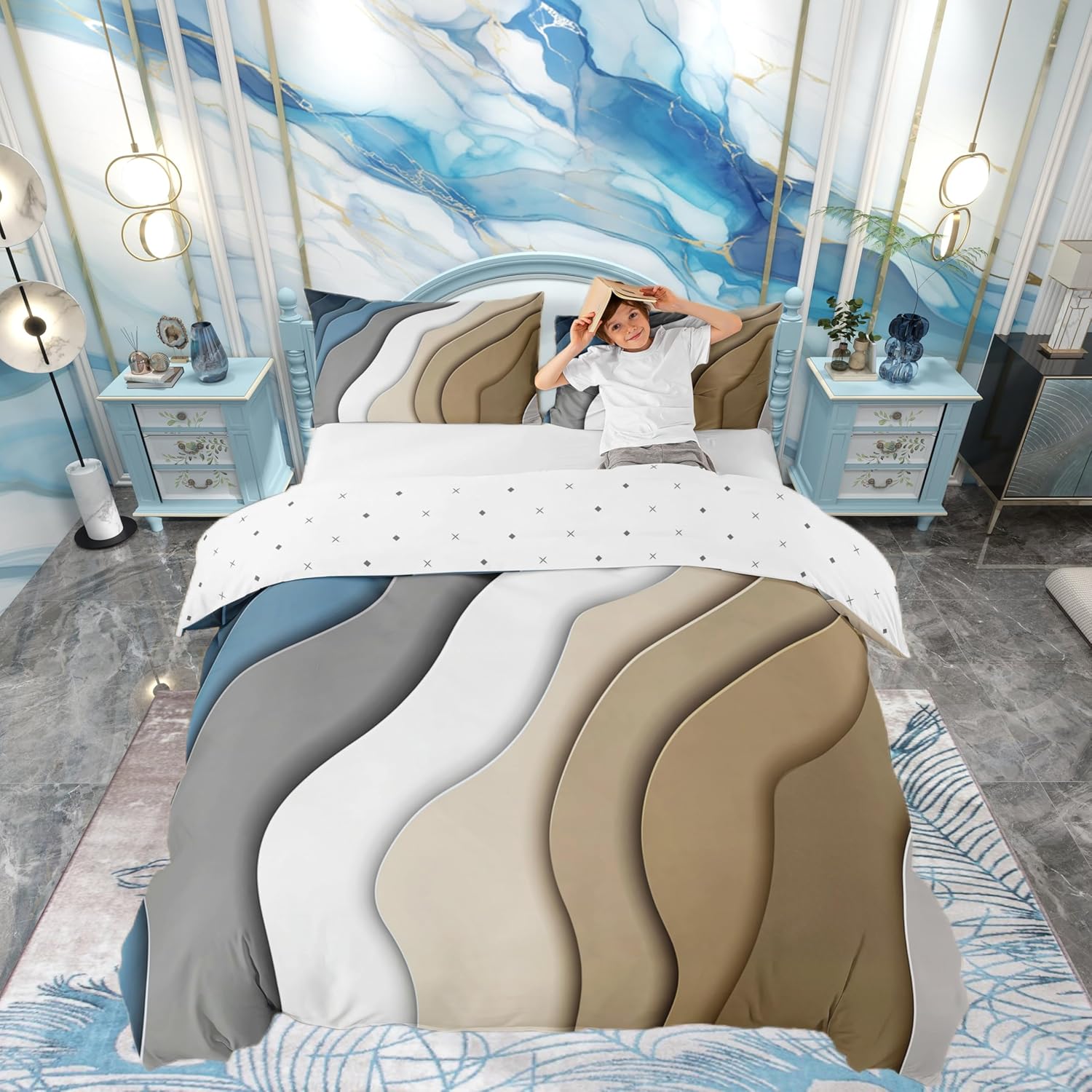 Grid Square Bedding Set,Brown White and Khaki Duvet Cover for Kids Teens Boys Girls,Abstract Geometric Comforter Cover Decorative Room,Modern Simple Quilt Cover with 2 Pillowcases,King Size