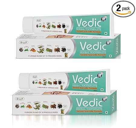 Vringra VEDIC HERBAL Toothpaste for Healthy & Shining Teeth | A unique Blend of 14 Precious Herbs | Neem,Meswak,vajardanti,Pudina,laung Babul & Many More | Ayurvedic Toothpaste | Teeth Whitening 200gm (Pack Of 2)