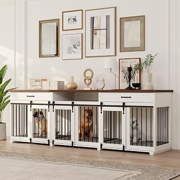 Dog Crate Furniture - Indoor Wooden Dog Furniture Crate Kennel with 3 Sliding Barn Doors, 2 Drawers & 1 Shelf - 95" Lx23.6 Wx31.5 H, White