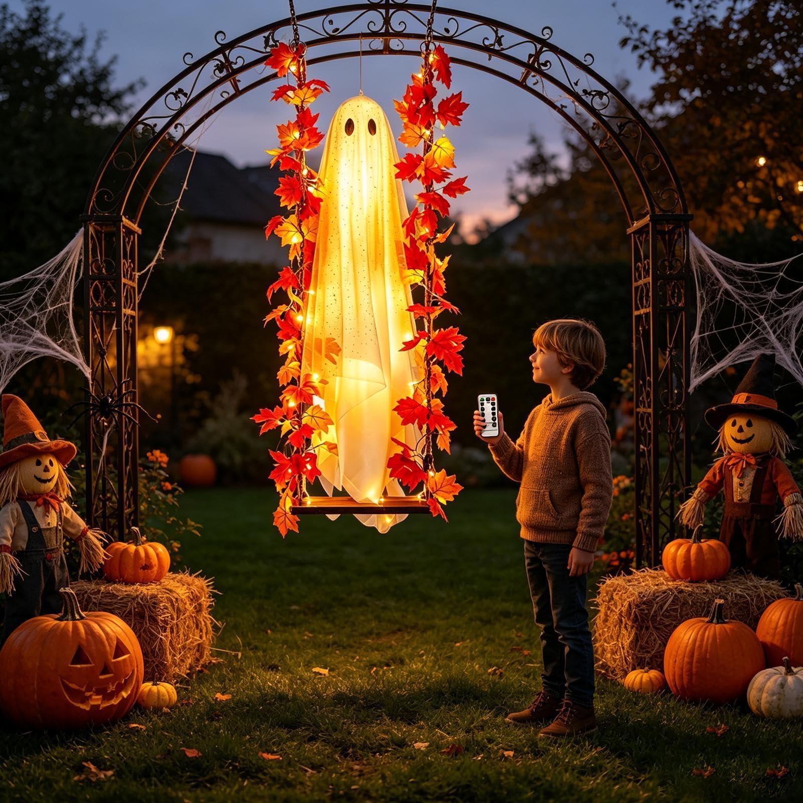 Decorazione Fantasma Halloween Decorazione Per Feste Spettrale Luminosa 120 | Arredo Da Esterno Fantasma Su Altalena Per Giardino, Balcone, Interno ed Esterno