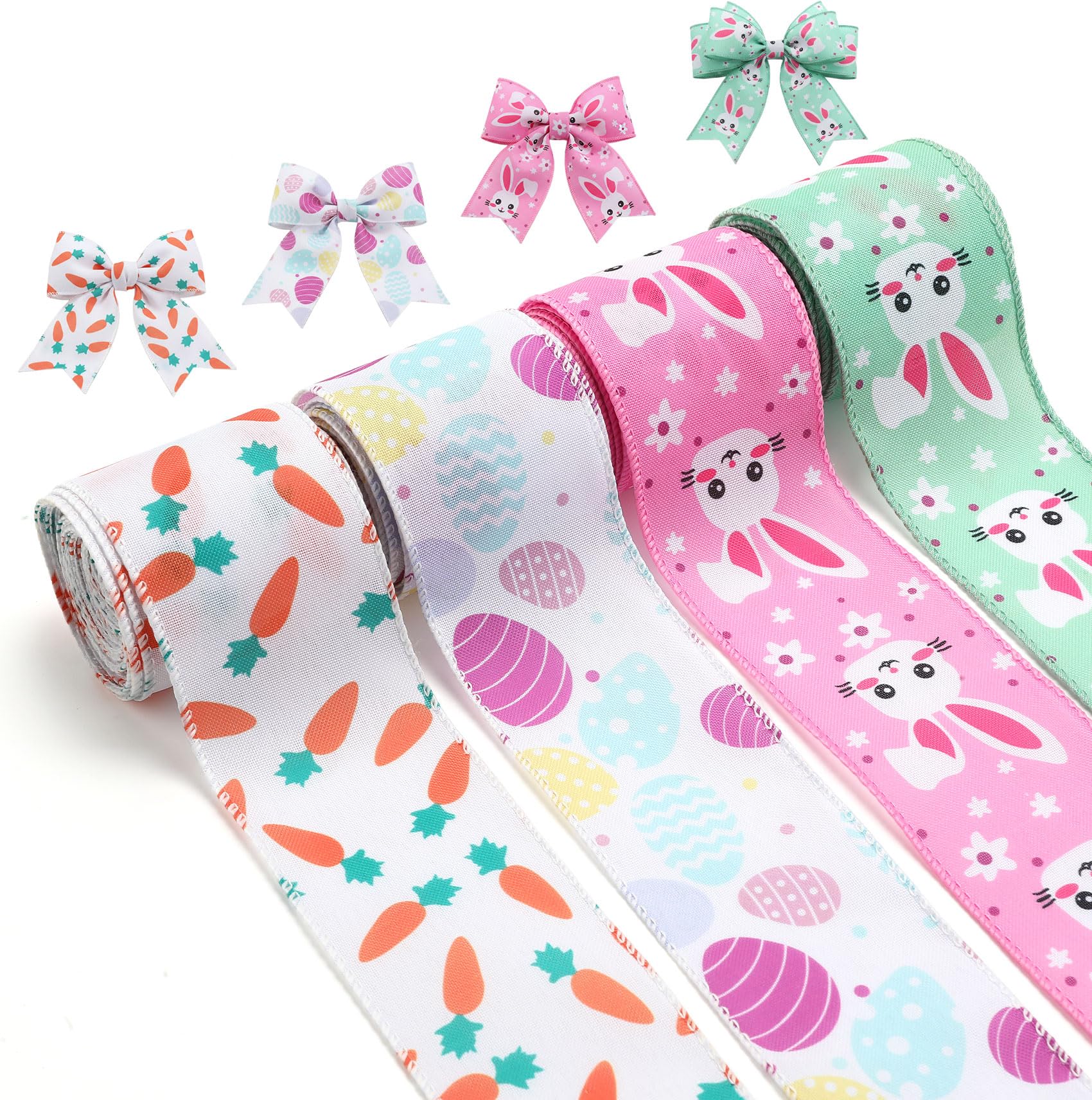 4 Rolls Easter Wired Ribbon Burlap Ribbons for Gift Wrapping Printed Easter Eggs Carrot Bunny Rabbit Plaid with Wire Spring Ribbons 2.5 Inch Wide 20 Yards Patten Pastel for Crafting Basket Pack