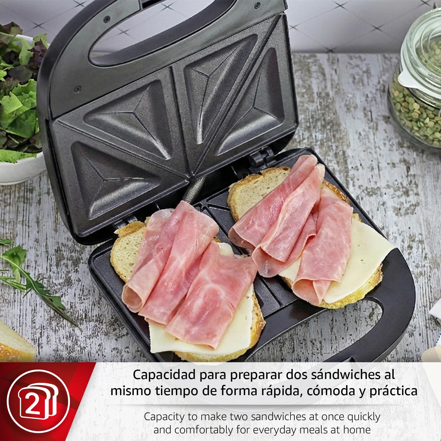 Magefesa Suisse Black - Sanwichera Negra, Capacidad para 2 Sandwiches, Asa Fría al Tacto, Placas Grill Antiadherentes, Sin BPA, Sellado Perfecto