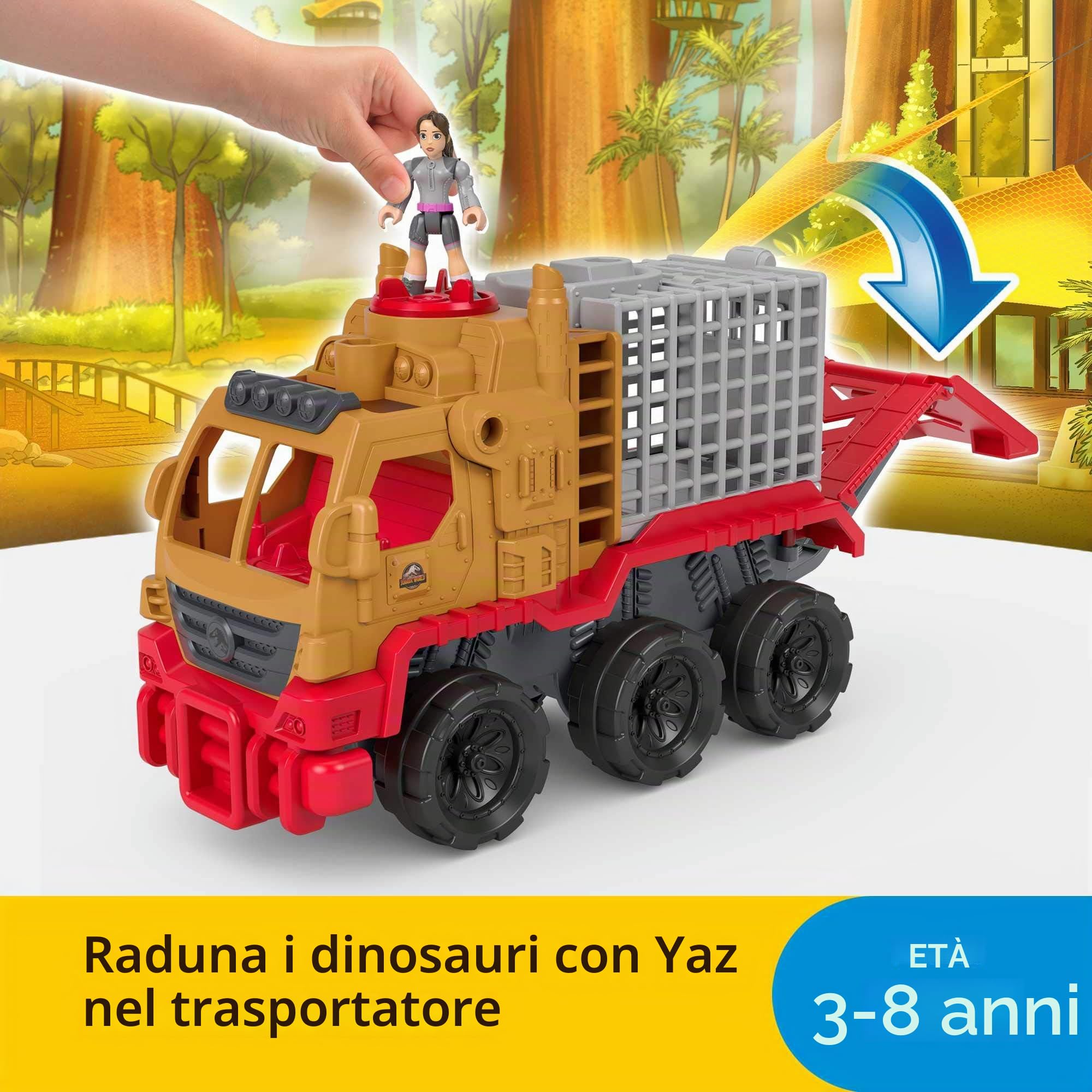 Fisher-Price- Imaginext Jurassic World, Set Campo Avventura Camion Trasporta Dinosauri e Veicolo Yaz , Giocattolo per Bambini 3+Anni, HCH97