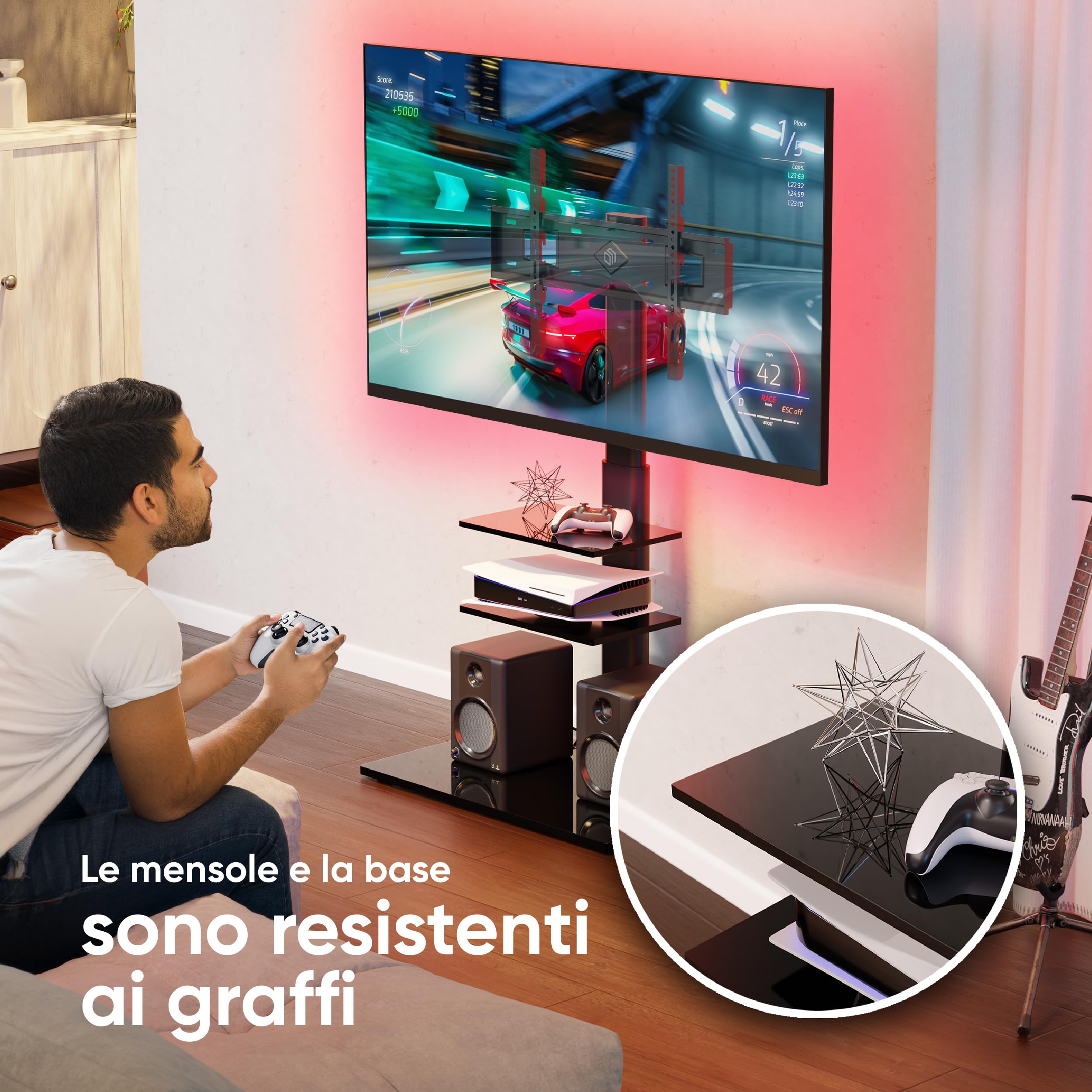 ONKRON Piedistallo TV da 32 a 65 pollici, Carico Totale 40 kg, Porta Televisore da Terra max VESA 600x400 mm, Piede TV Universale, Girevole, Porta Televisore con Ripiani, Nero, TS5550-B