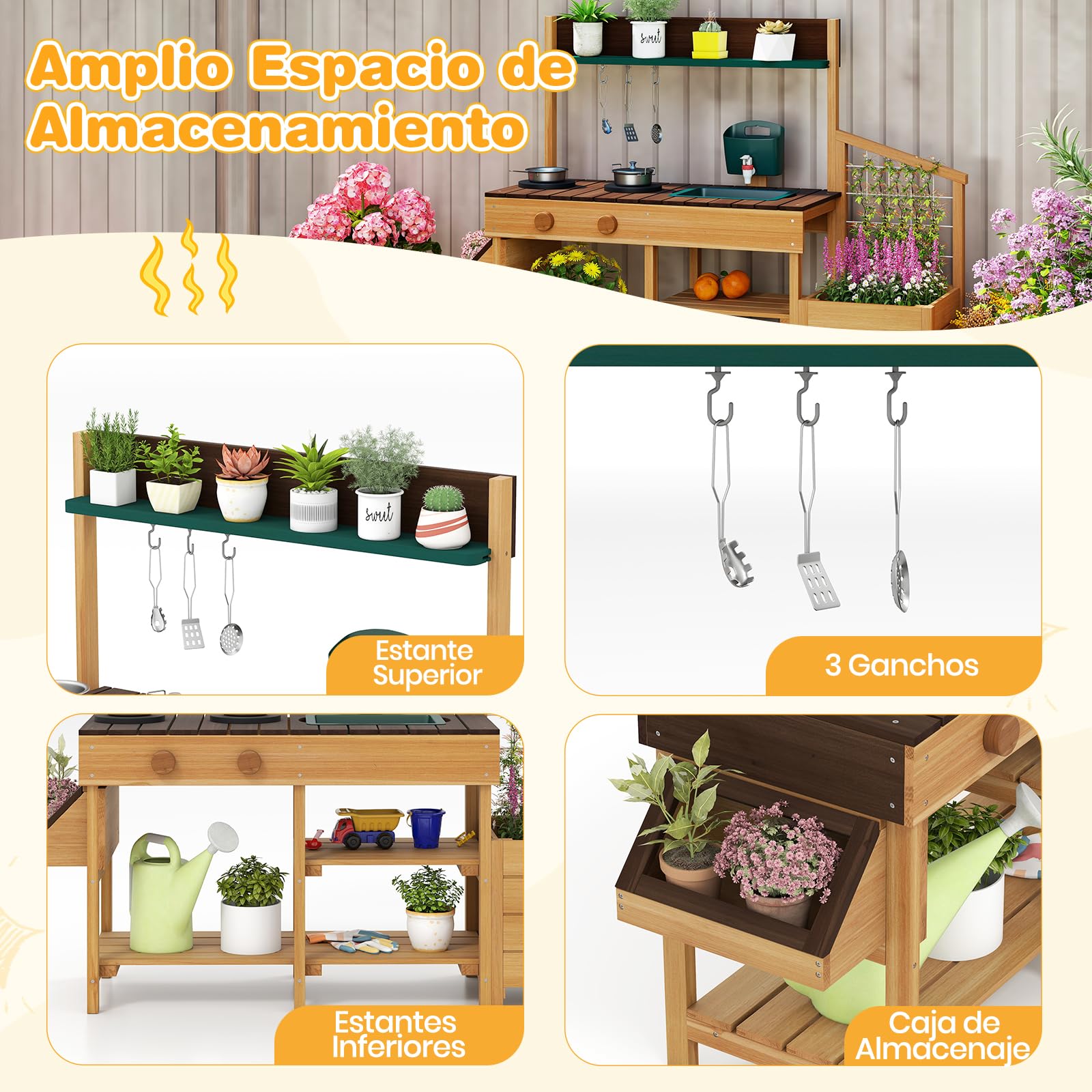 COSTWAY Cocina Juguete Exterior, Cocinita Infantil de Madera con Jardinera y Enrejado, Cocina de Barro con Fregadero Extraíble, Grifo, Fogones, Depósito de Agua para Niños de 3-8 Años (Amarillo)