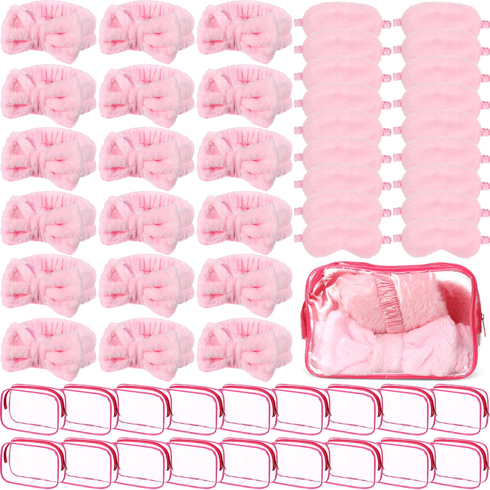 Hoteam 54 Pcs Pink Spa Party Supplies Girls Sleepover Party Favors Set of 18, Pink Bow Headbands, Sleep Eye Masks, Clear Cosmetic Bags for Girls Women