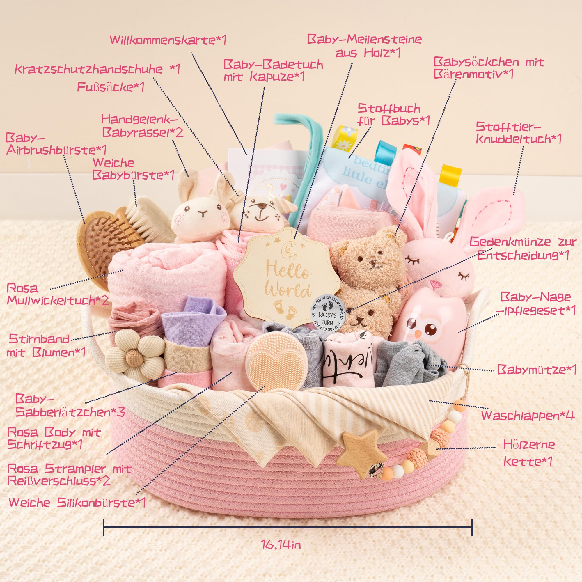 Regalo per bambini, 30 pezzi, grande cesto regalo, ideale come regalo per neonati per ragazzi e ragazze. Include: asciugamano con cappuccio, set per bambini, peluche, sonaglio, pettine e biglietto di