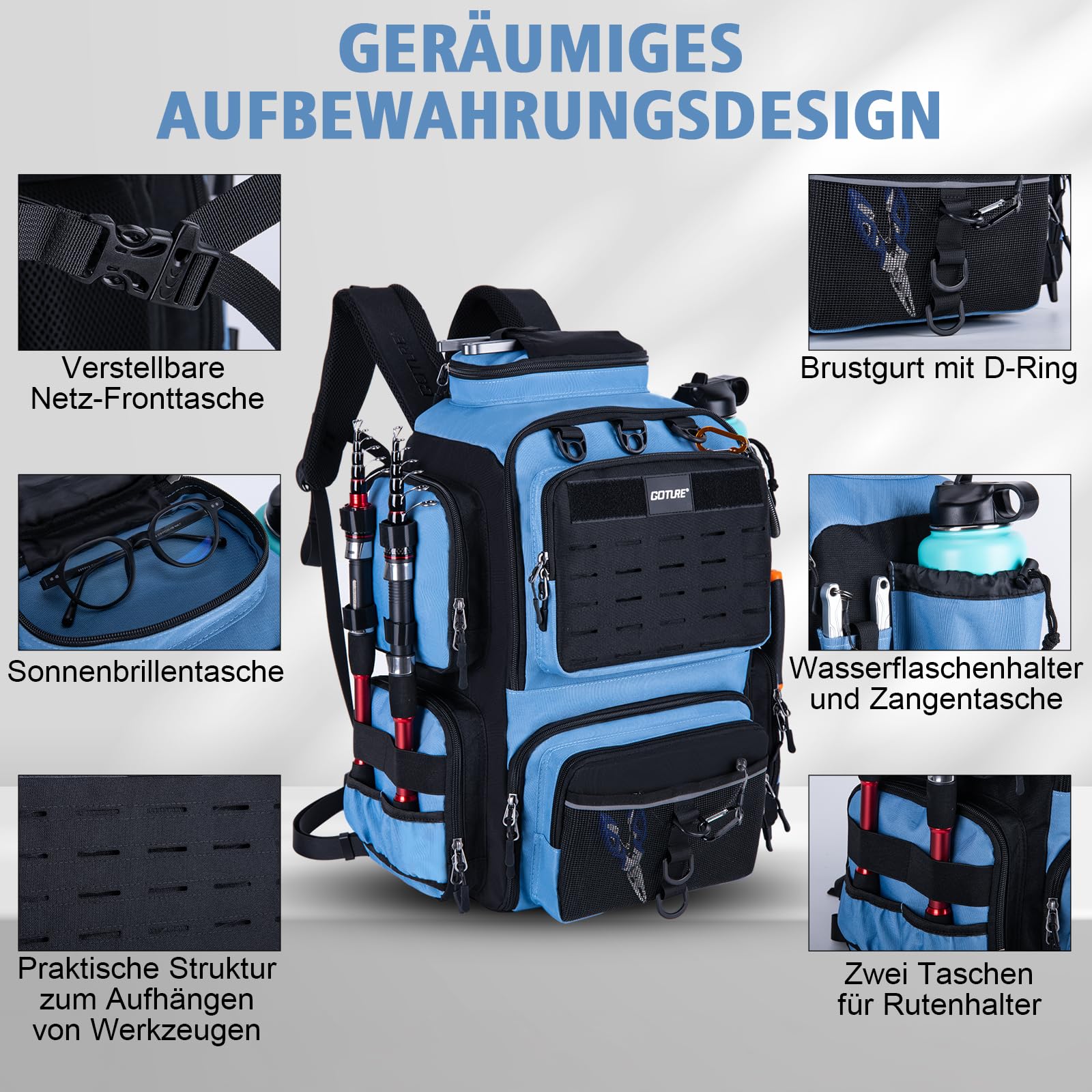Goture Mochila de pesca con 4 cajas de cebo de pesca, mochila de 45 litros con dos soportes para cañas y protector de lluvia, tela Oxford 600D, bolsa impermeable para aparejos de pesca con