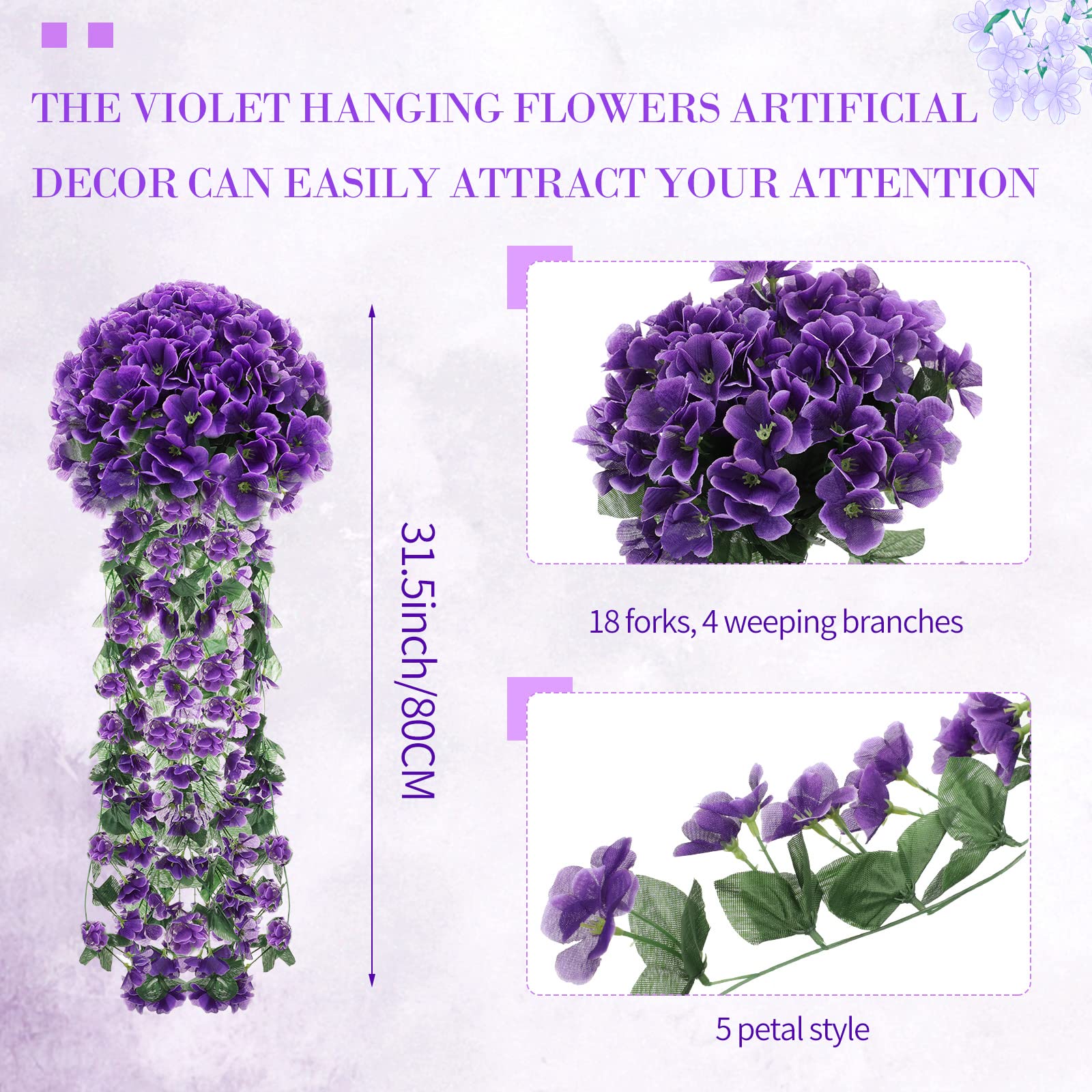 4 Pack Violet Hanging Flowers Artificial Decor 5 Petal Silk Violet Simulation Hanging Plant Faux Hanging Royal Violets Hanging Artificial Orchid for Home Garden Wedding Indoor Outdoor Decor (Purple)