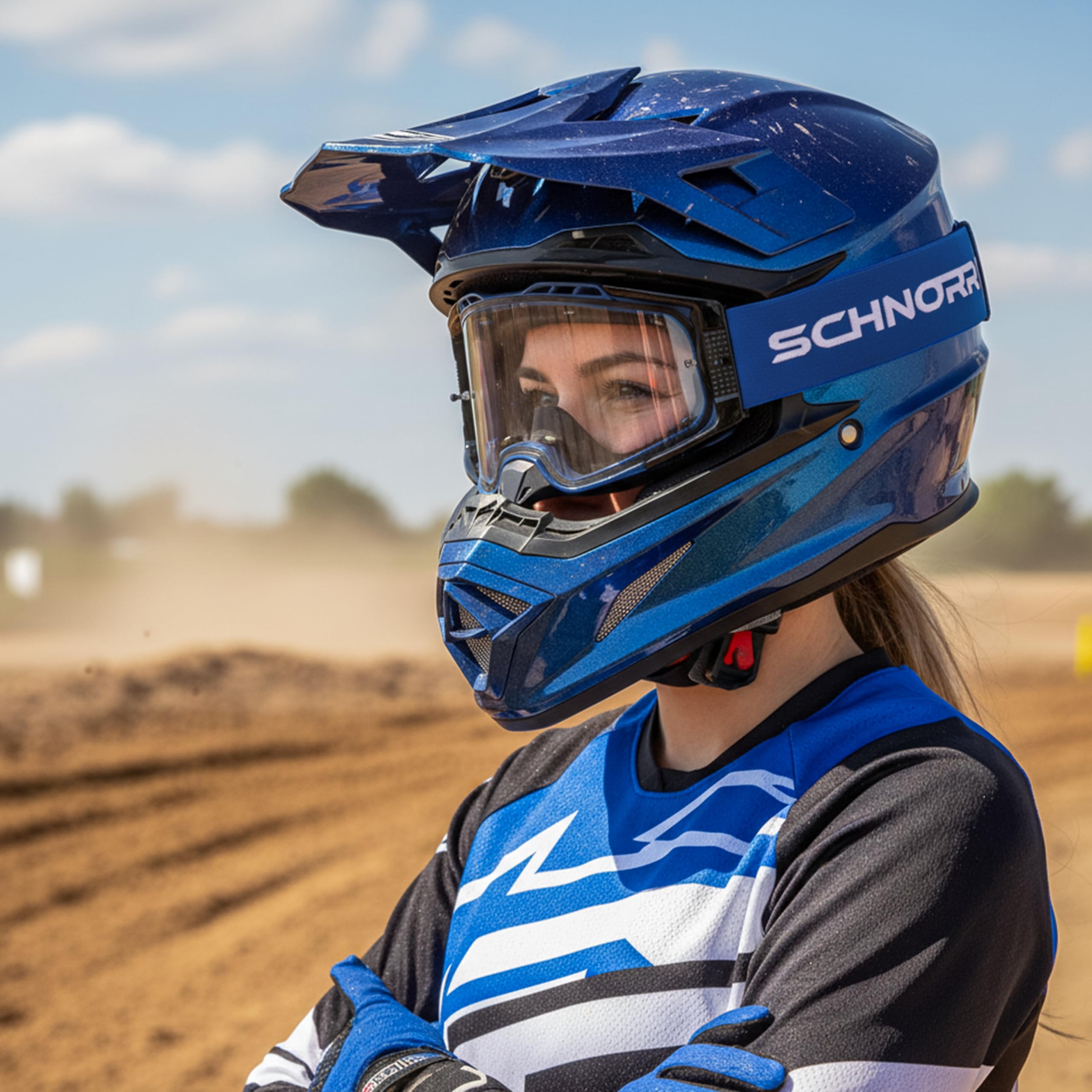 SCHNORR MX Pro Blau - Motocross Brille | Transparentes Glas (S0), Anti-Fog, Tear-Off/Roll-Off mit Wechselglass verspiegelt Orange