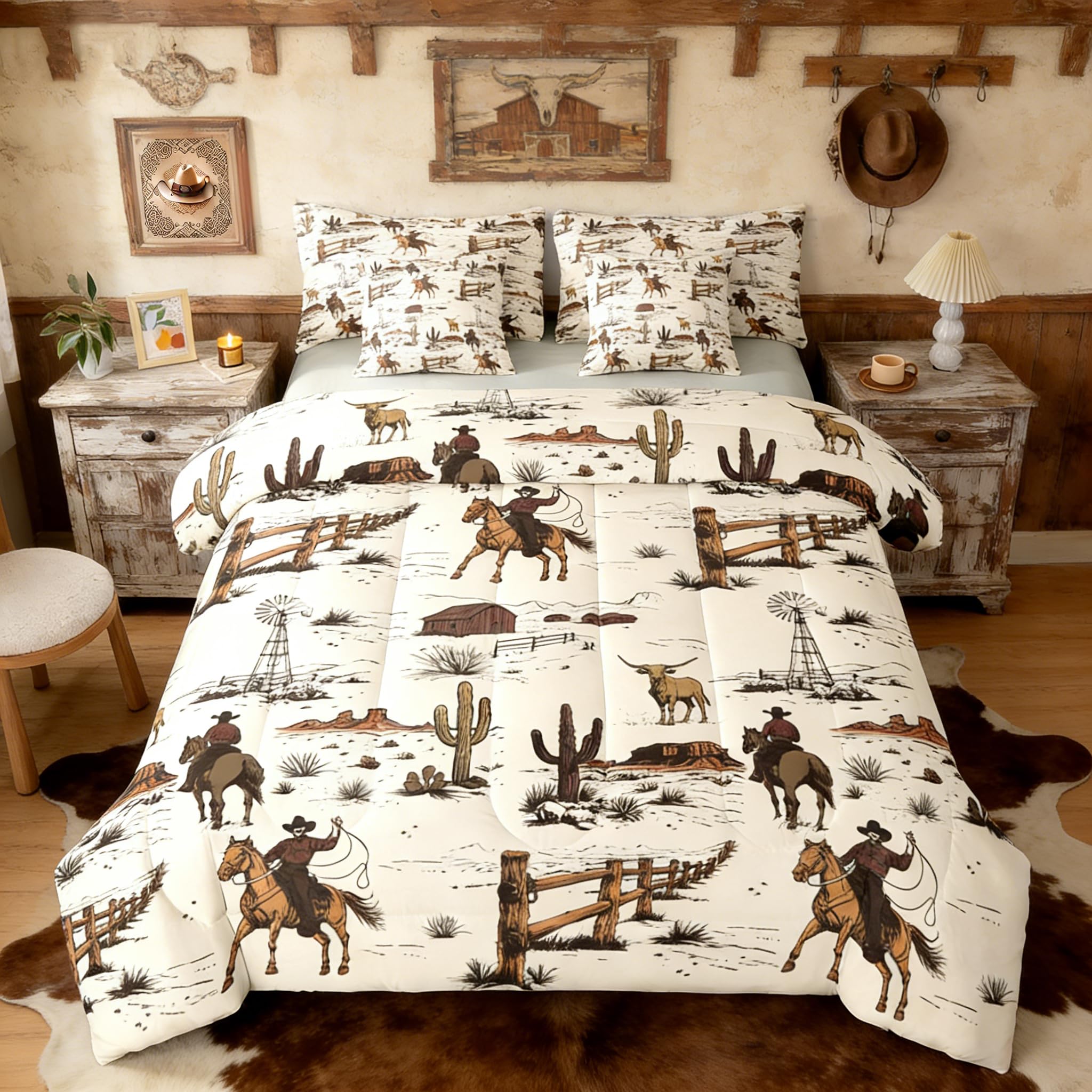 Western Comforter Set 7 Piece Bed In A Bag Twin,Country Cowboy Bedding Sets for Kids Boys Teen Girls,Vintage Southwestern Comforter and Sheets Rustic Cabin Ranch Horse Animal Bed Set,Beige Brown