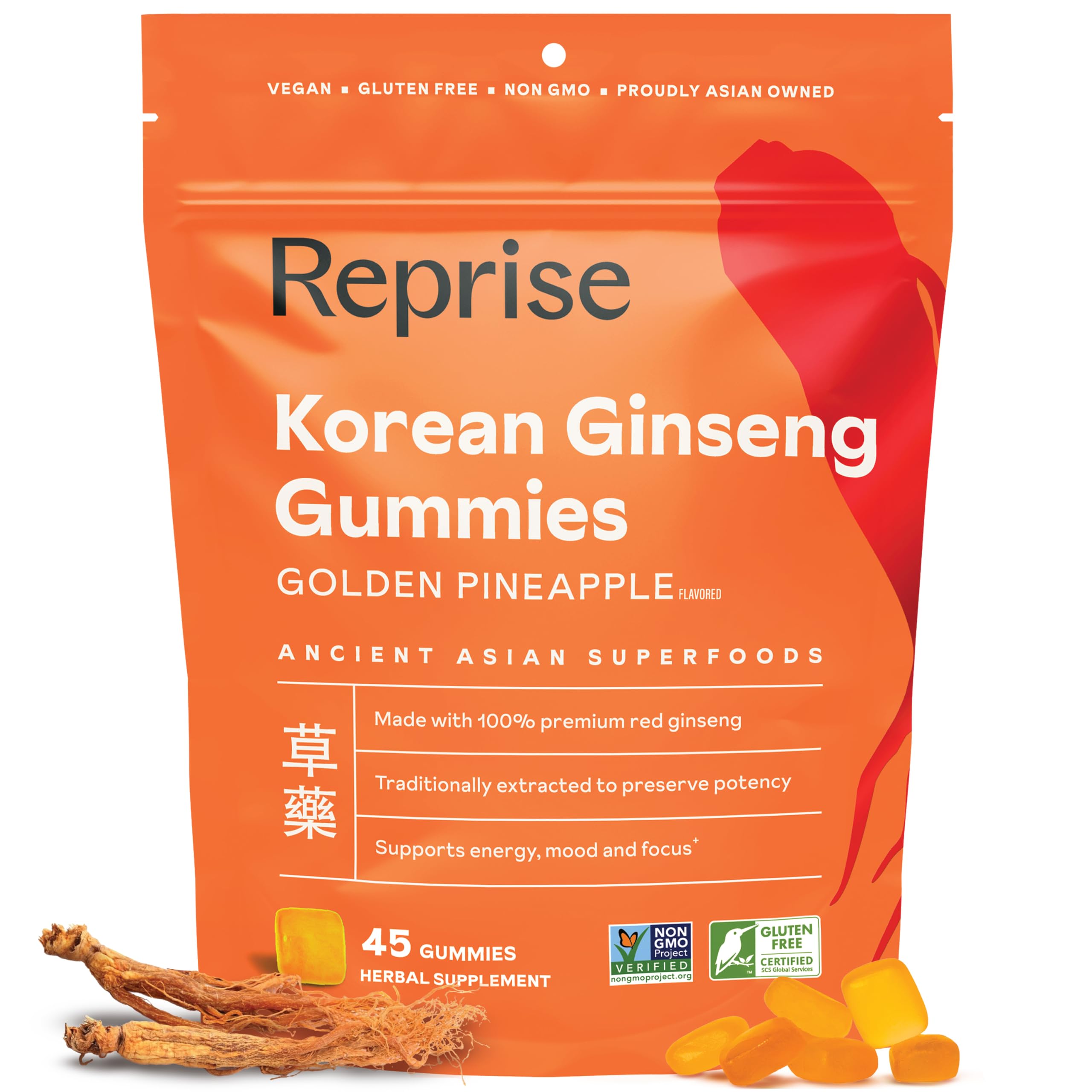 Reprise Suplemento de Ginseng em Gomas, Panax Ginseng Vermelho Coreano 240 mg, 45 gomas