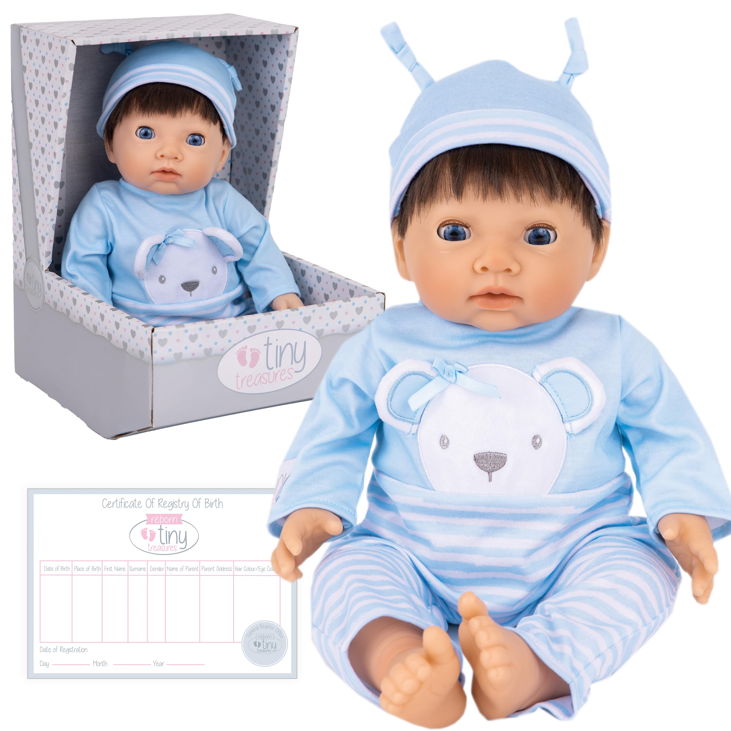 Tiny Treasures Blue Bear Baby Doll 44cm – Realistic Reborn Style Doll with Soft Hair, Closing Eyes, Birth Certificate & Bear Outfit