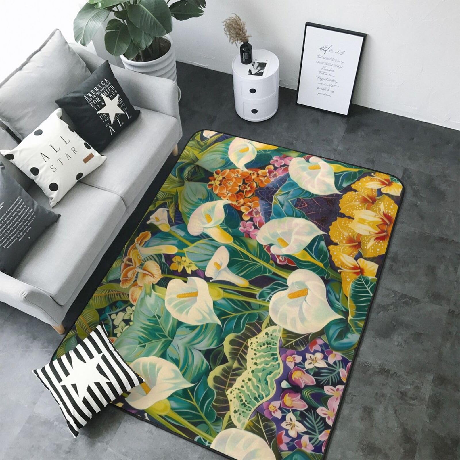 Tapis de salon doux finitions soignées imprimé floral jungle chic