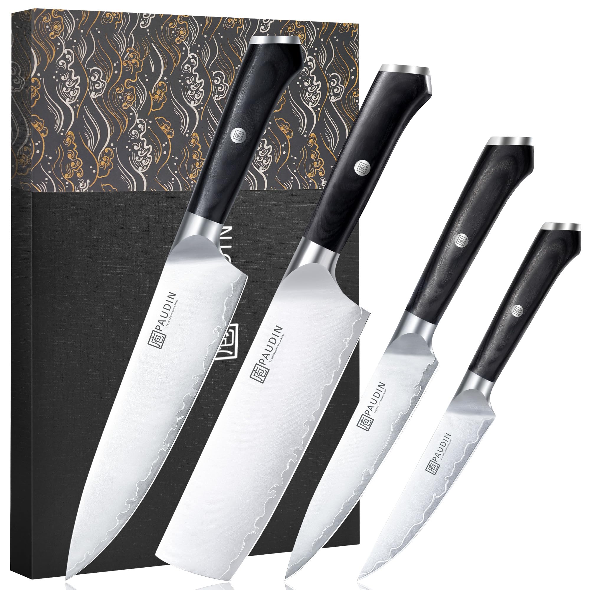 PAUDIN Kitchen Knife Set, 4 Pieces Chef Knife Set, High Carbon Stainless Steel Knife Set, Ultra-Sharp Knives Set for Kitchen with Ergonomic Wooden Handle, Gifts for Men and Women