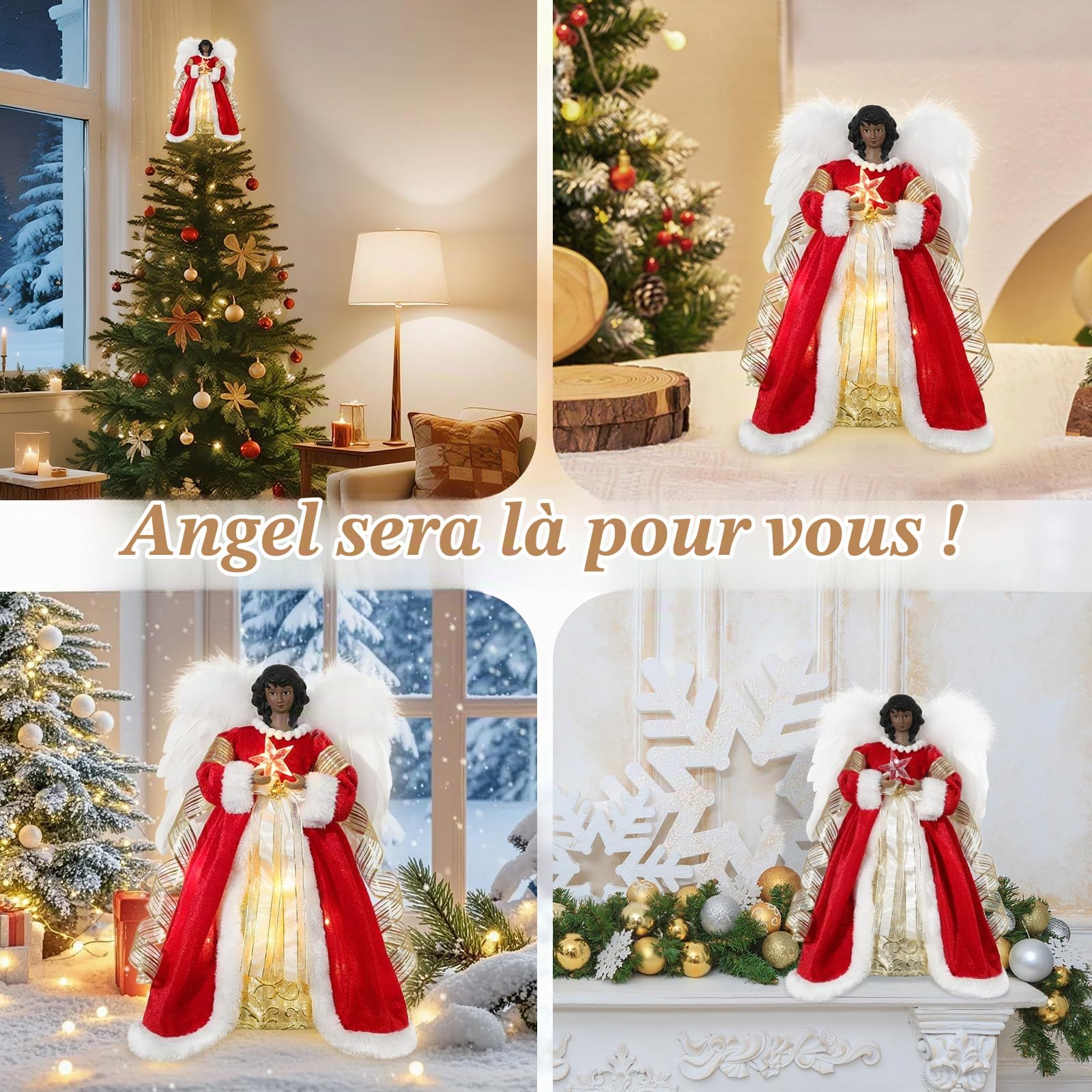 Lewondr Ange Noir de la Cime du Sapin de Noël, 12" Cimier d'Arbre de Noël Ange avec 8 Modes de Lumière, Figurine d'Ange avec Aile, Décoration de l'Arbre de Noël avec Minuterie 6H pour la Maison, Rouge