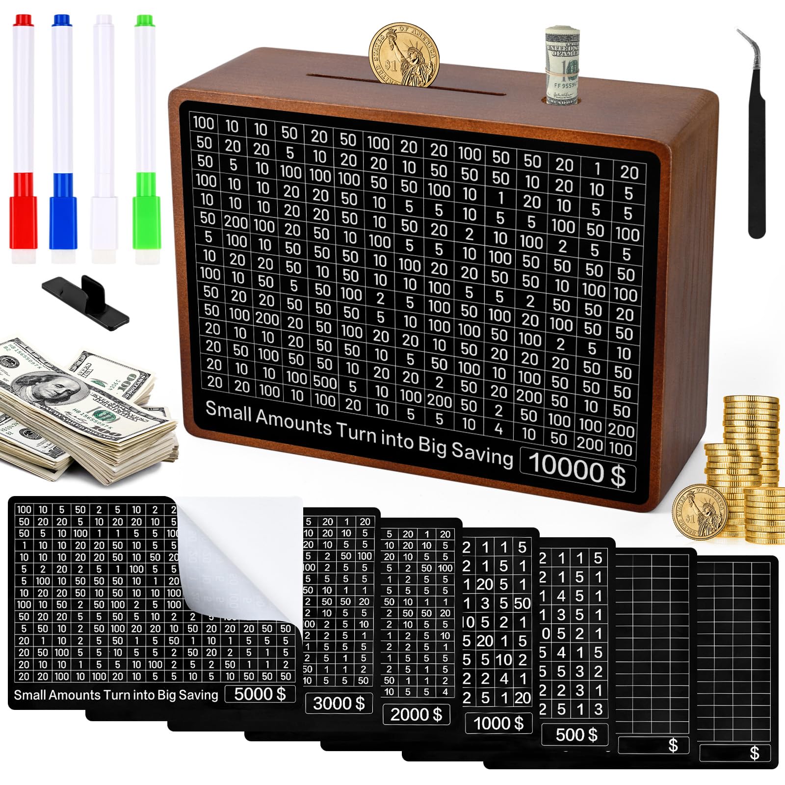 One Piece Money Saving Box, Wooden Money Saving Box for $10000 $5000 $3000 with 8 Saving Targets, Cash Coin Money Box Money Savings Challenge Box
