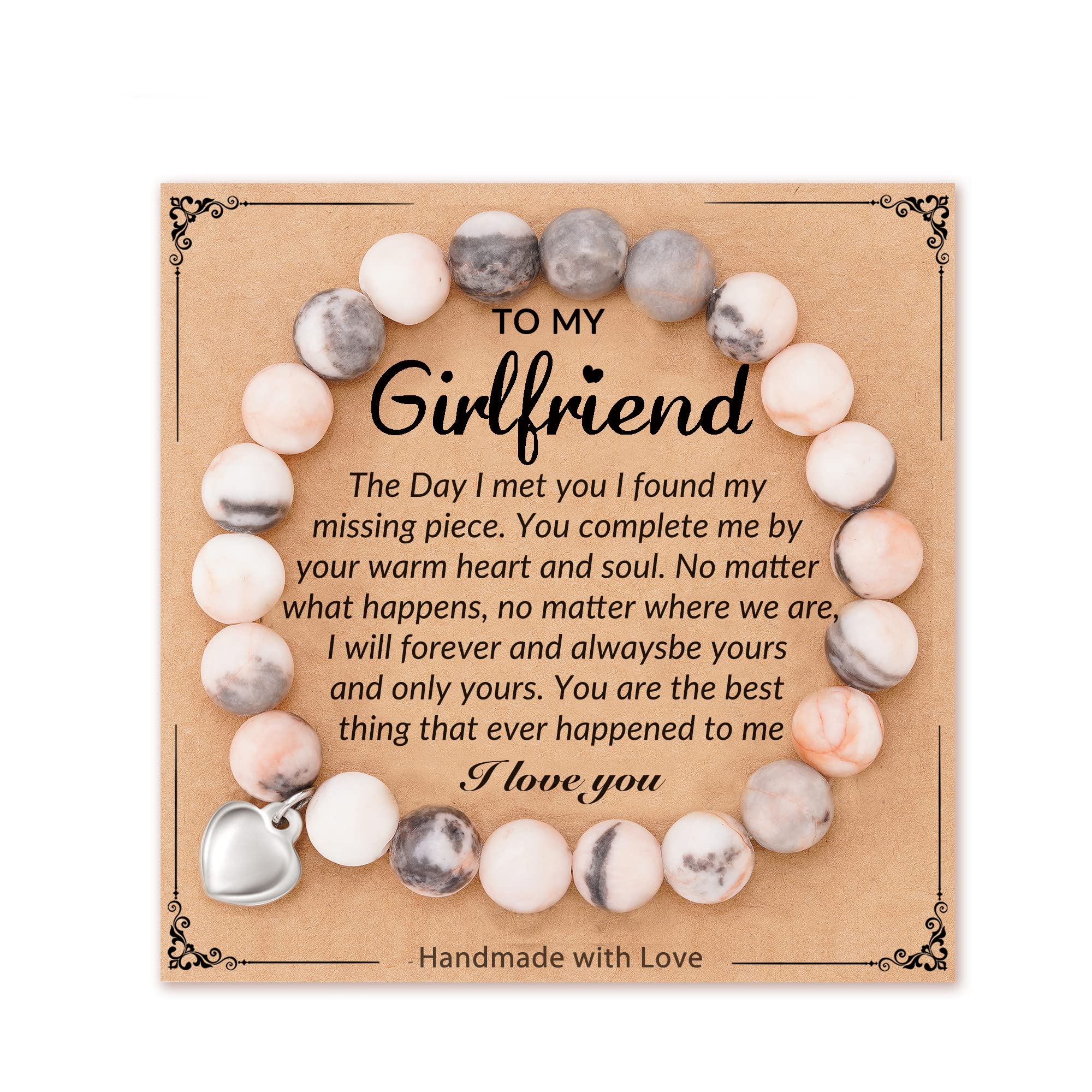 HGDEER Gifts for Wife, Natural Stone Heart Bracelets Christmas Birthday Gifts for Wife from Husband, 7 Inch, Stone, no gemstone