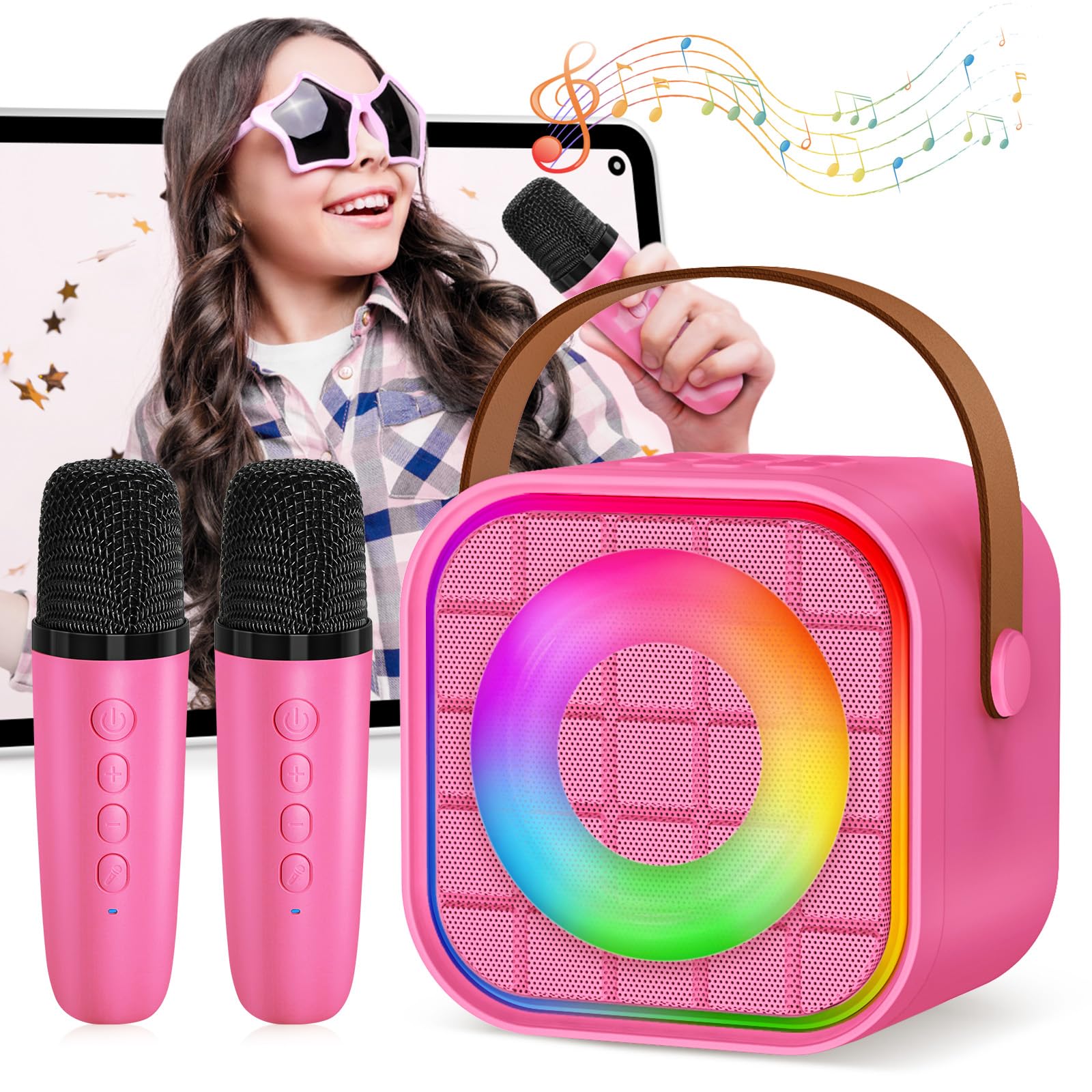 Mini Karaoke Machine with 2 Wireless Microphones for Kids Adults, Portable Rose Red Bluetooth Singing Speaker Birthday Fun Gift for Girls Boys Ages 4,5,6,7,8,9,10+ Year Old, Toys for Party-image-11