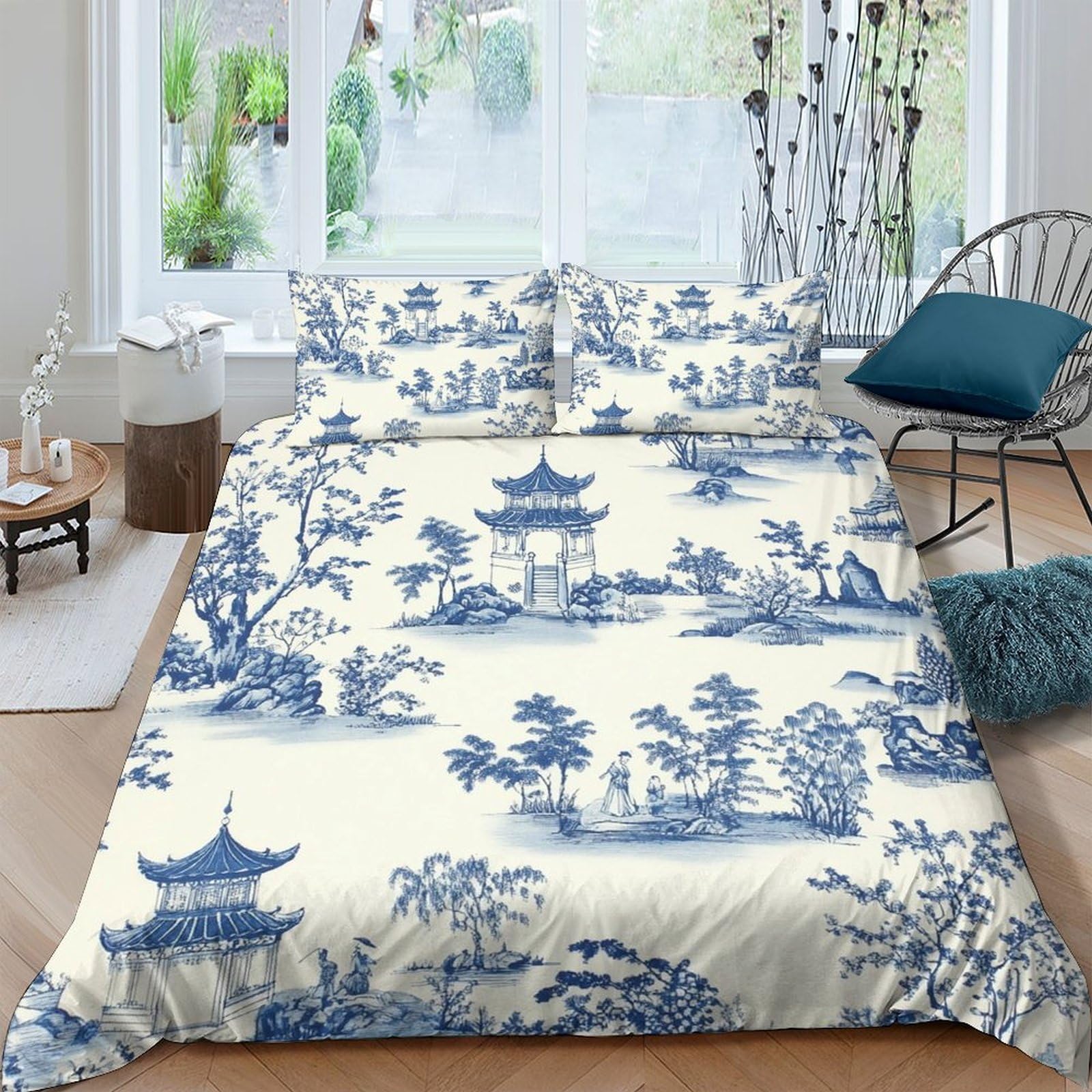 Ctjqhvkz Style-8 3D Printed Chinese Landscape Fitted Sheet Microfiber Blue Pagoda Mattress Cover Anti-Slip Easy Care Bedroom Home Decor Single（135X200cm）