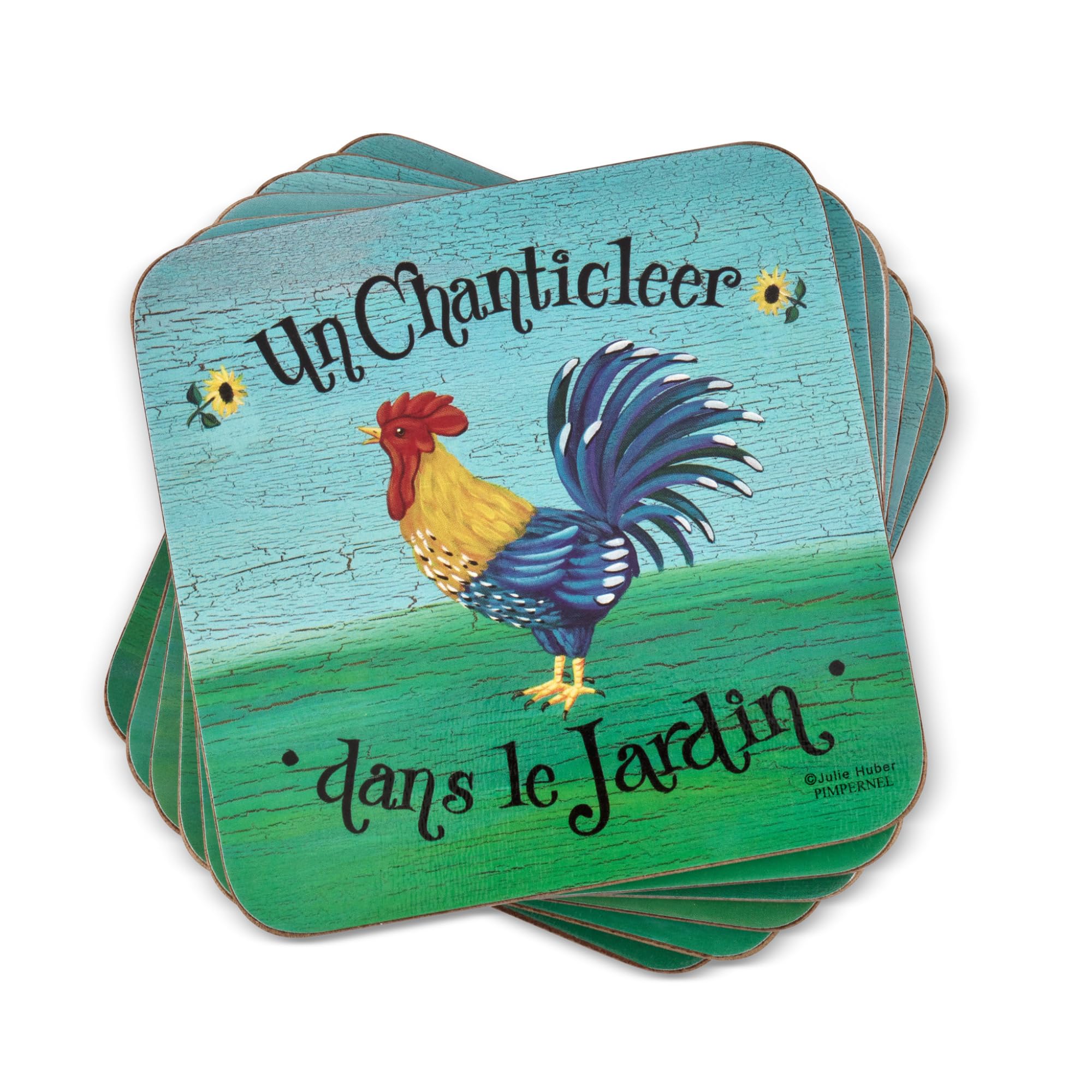 Pimpernel French Barnyard Coasters, Set of 4 (4" x 4") – Cork-Backed Drink Mats with Whimsical Farm Animal Artwork, Heat & Stain Resistant Tabletop Protection for Dining, Kitchen & Coffee