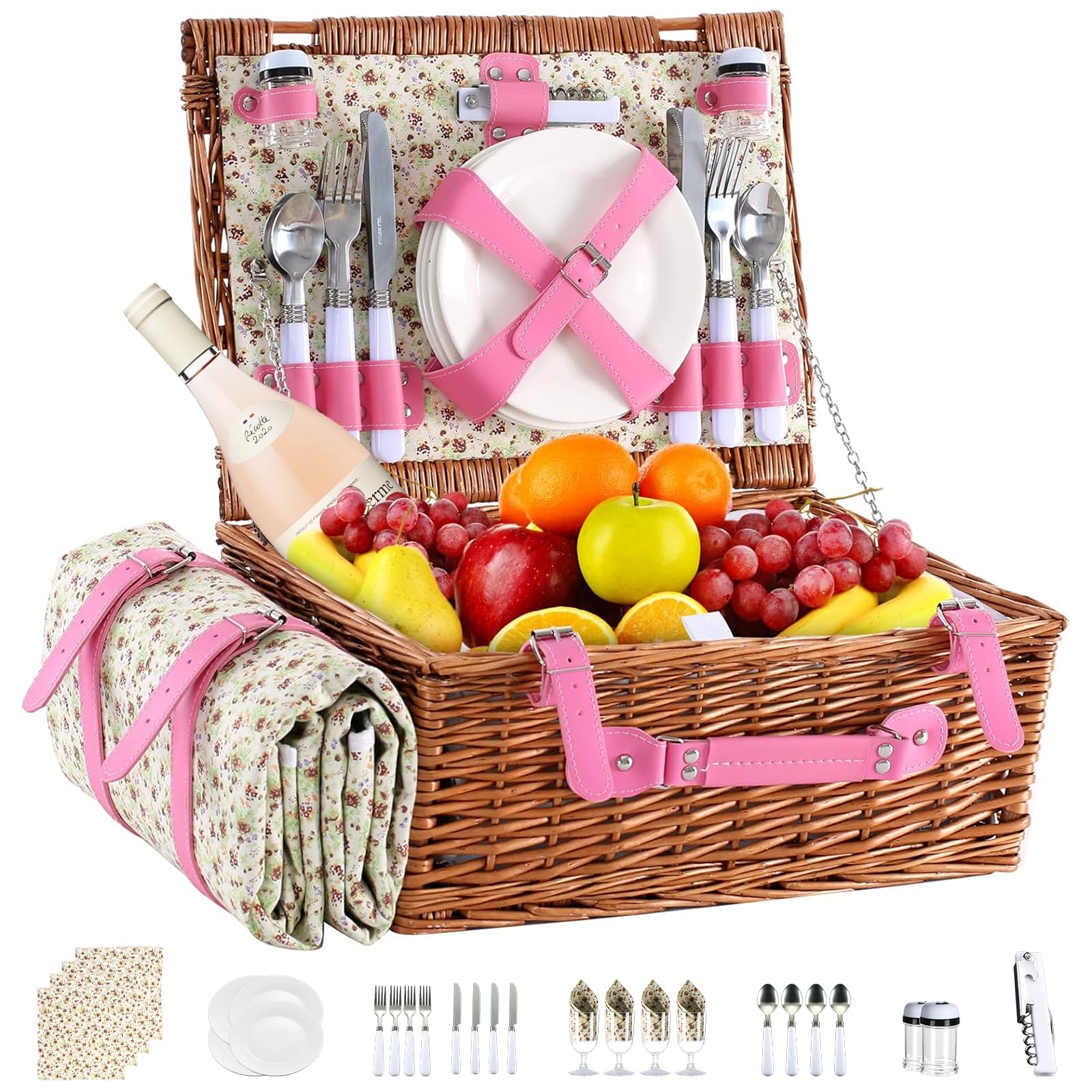 YPshuye Wicker Picnic Basket Set for 4, Blanket, Cooler Bag, Pink Floral — image 1