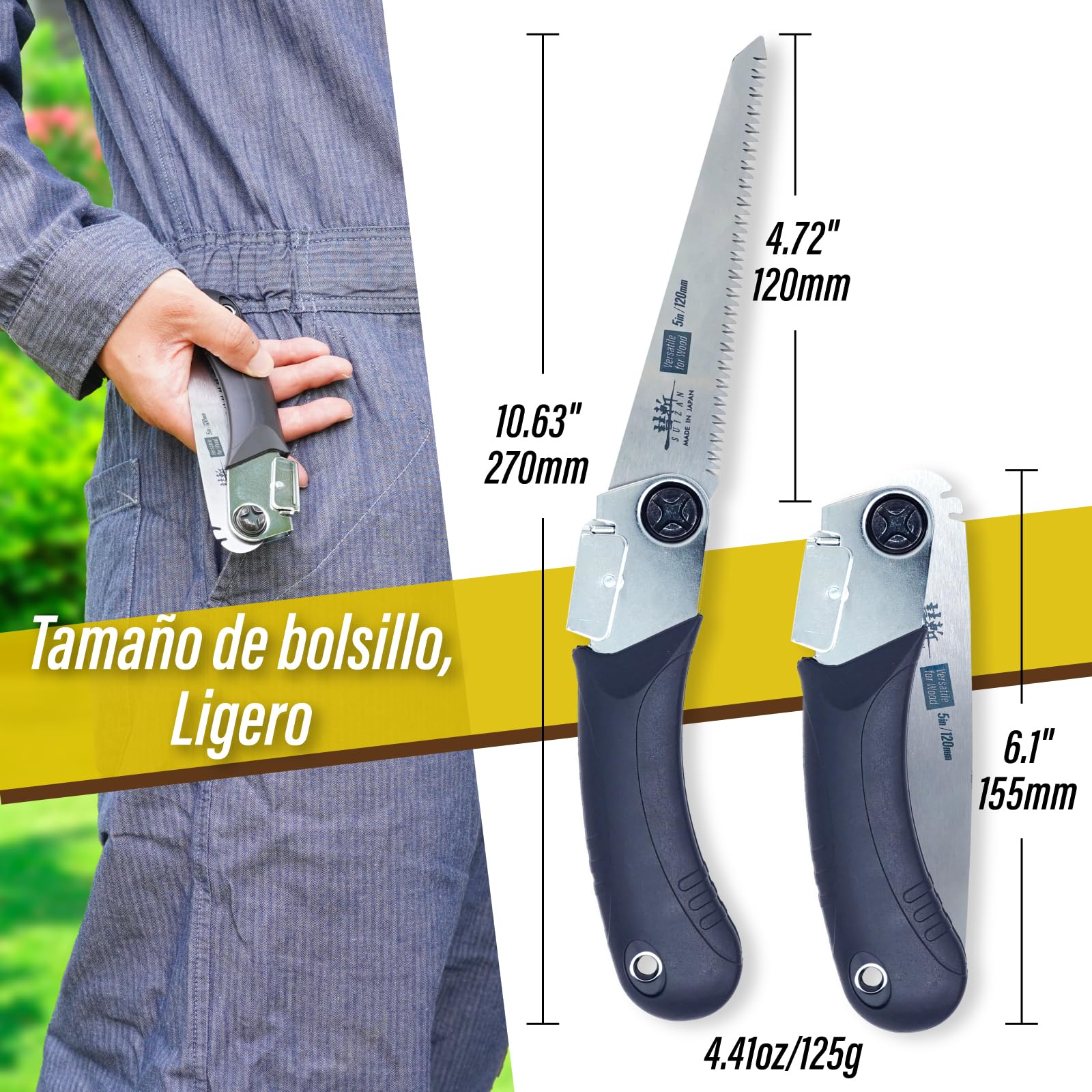 SUIZAN Sierra Plegable Japonesa 120mm Versátil para Madera - Serrucho de Poda Bushcraft Jardinería Carpintería Bricolaje