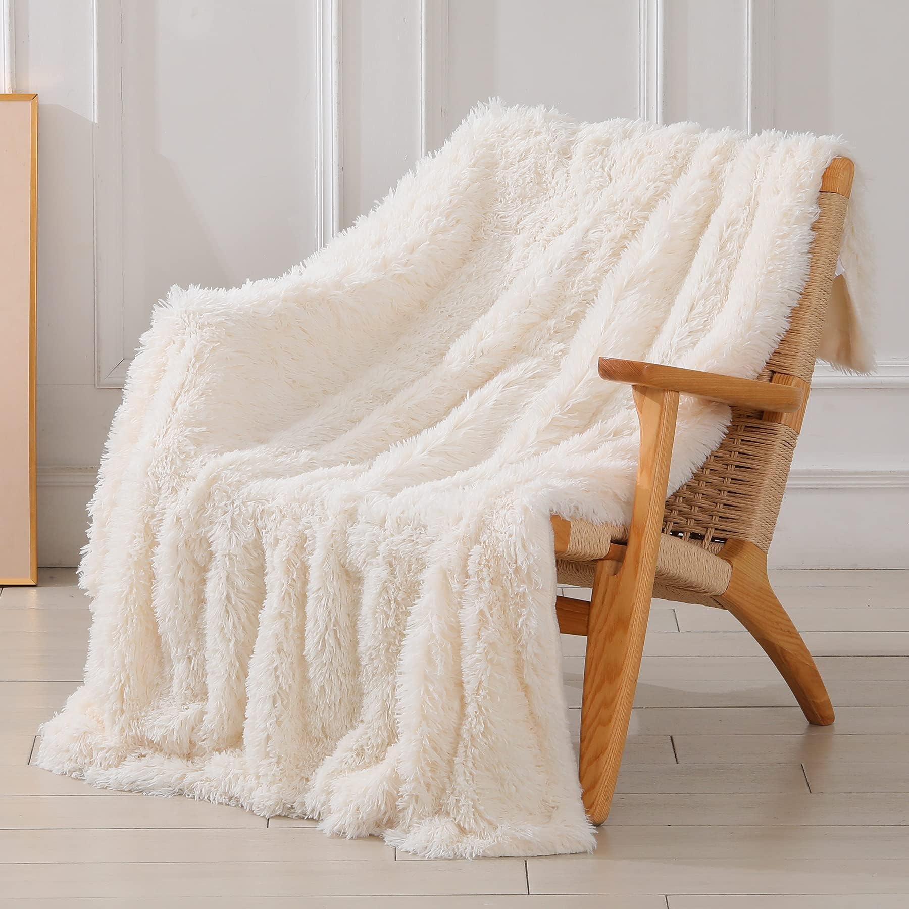 Decorative Extra Soft Faux Fur Throw Blanket 50" x 60",Solid Reversible Fuzzy Lightweight Long Hair Shaggy Blanket,Fluffy Cozy Plush Comfy Microfiber Fleece Blankets for Couch Sofa Bedroom,Cream White