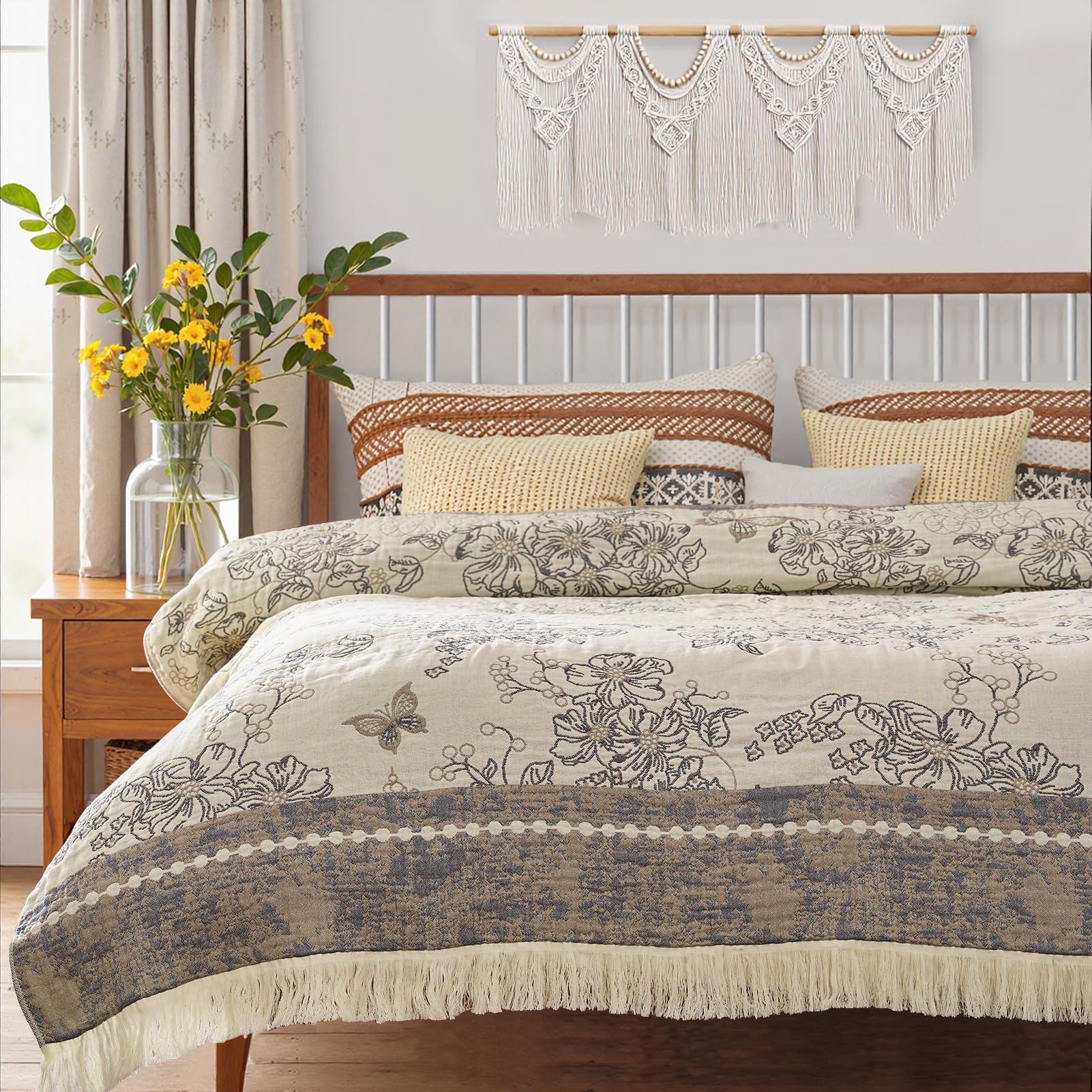 jinchan Boho Floral 100% Cotton Blanket 4-Layer Throw Blanket with Tassel Grey and White Flower Butterfly Soft Luxury Rustic Farmhouse Decor Blanket