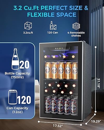 Miniatura 2 de Joy Pebble Refrigerador de bebidas, mini refrigerador de 130 latas con puerta de vidrio para vino de cerveza, soda, refrigerador de bebidas con