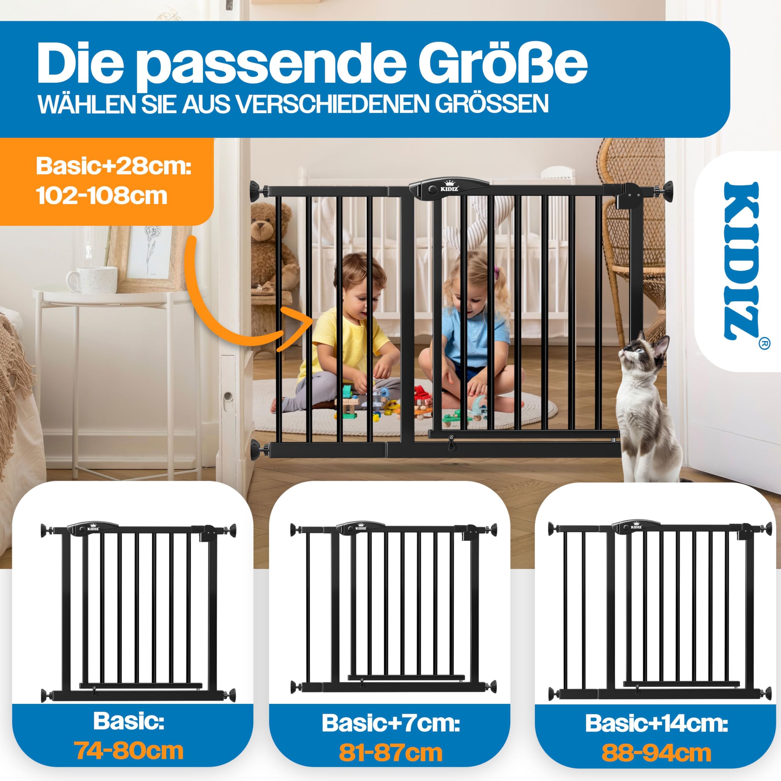 KIDIZ Barrière de sécurité d'escalier sans perçage | Largeur réglable : 88-94 cm, hauteur 75 cm, Barrière de sécurité de porte et barrière pour enfants et chiens, ouverture d'une seule main, système