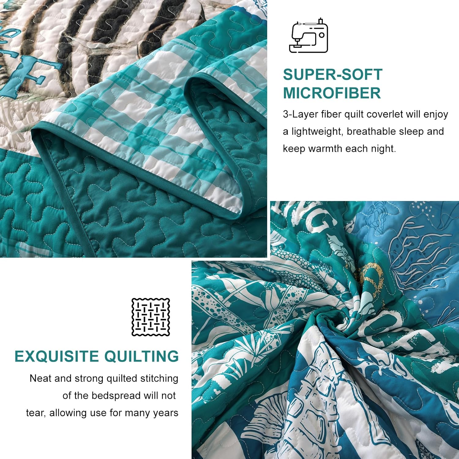 Beach Quilt Set Queen Size 3 Piece,Summer Coastal Bedspread Coverlet Lightweight Green Ocean Theme Plaid Patchwork Bedding Set with Shams,Reversible Microfiber Comforter Set for All Season - Image 6