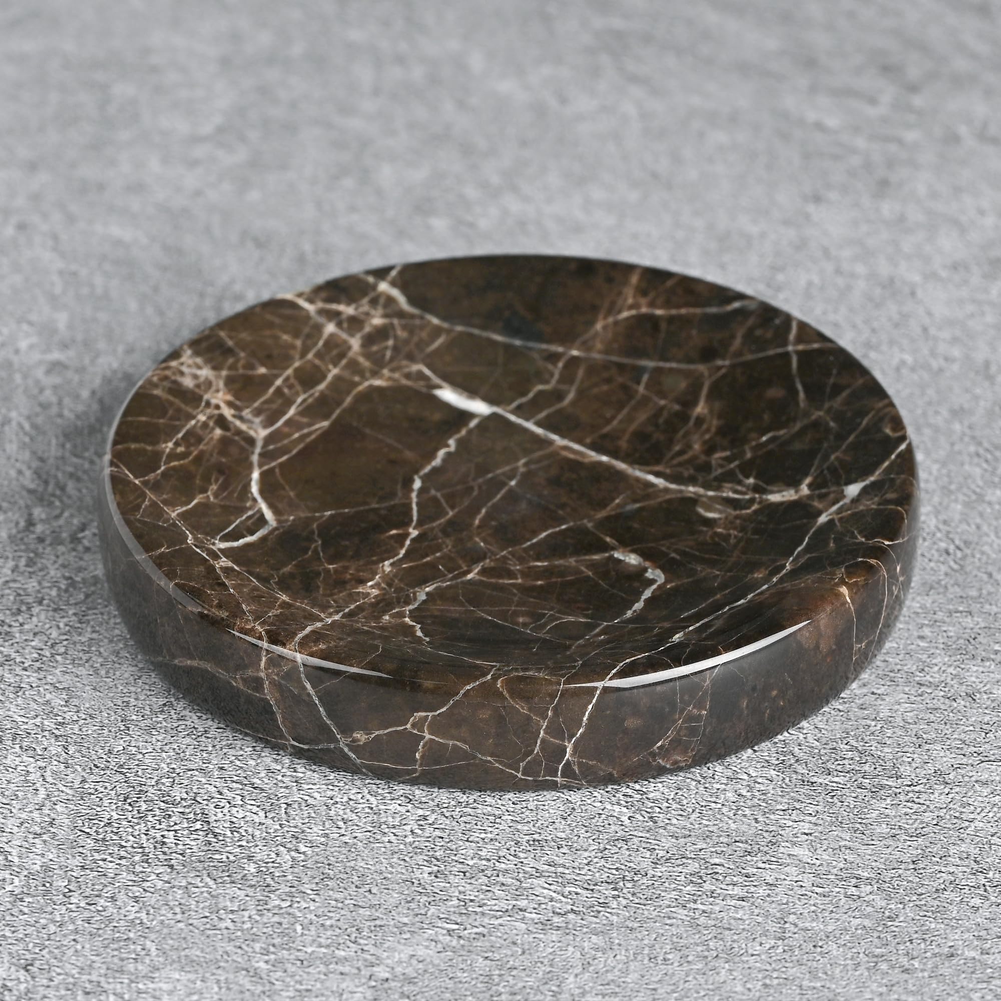 Emperador Dark Marble Jewelry Dish 4”, Brown Natural Stone Trinket Tray for Rings Earrings Bracelets, Round Marble Soap Dish for Bathroom Kitchen, Classic Decorative Catchall for Home & Tabletop
