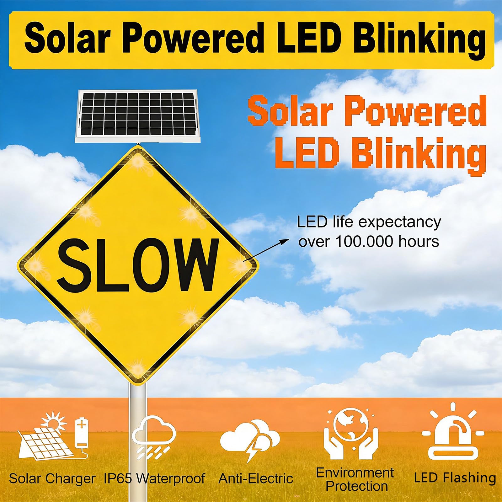 Señal de Advertencia de desaceleración con energía Solar, señal de Calle con Luces LED Intermitentes, para entradas de vehículos y Seguridad Vial 24in