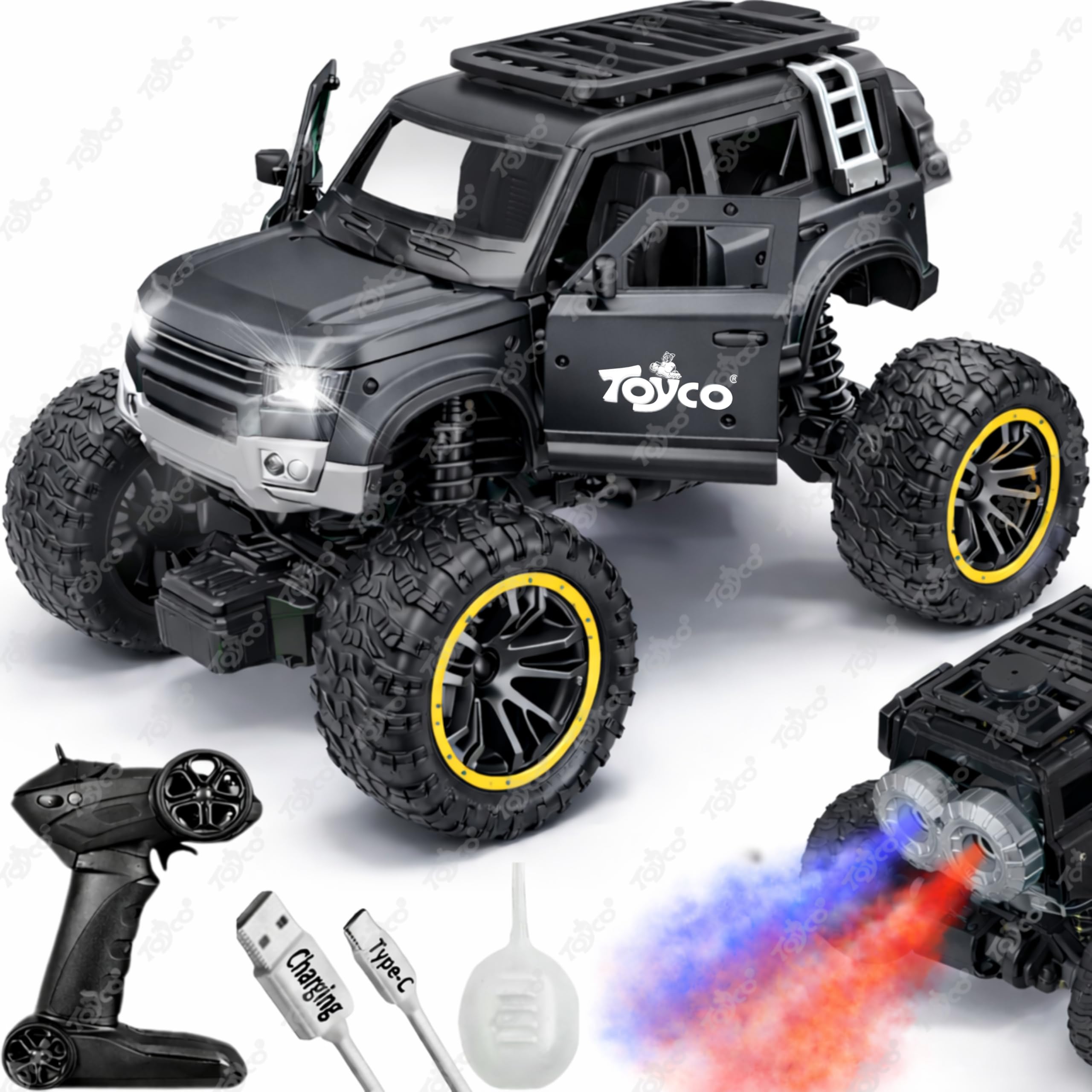 toyco® Rechargeable Deffender Remote Control Car Toy with Dual LED Smoke, Rugged Tyres, Alloy Body | 2.4GHz Off-Road RC Crawler SUV Monster Truck Gift for Kids,Boys and Girls Age 4-12+ (Dark Grey)-image-44